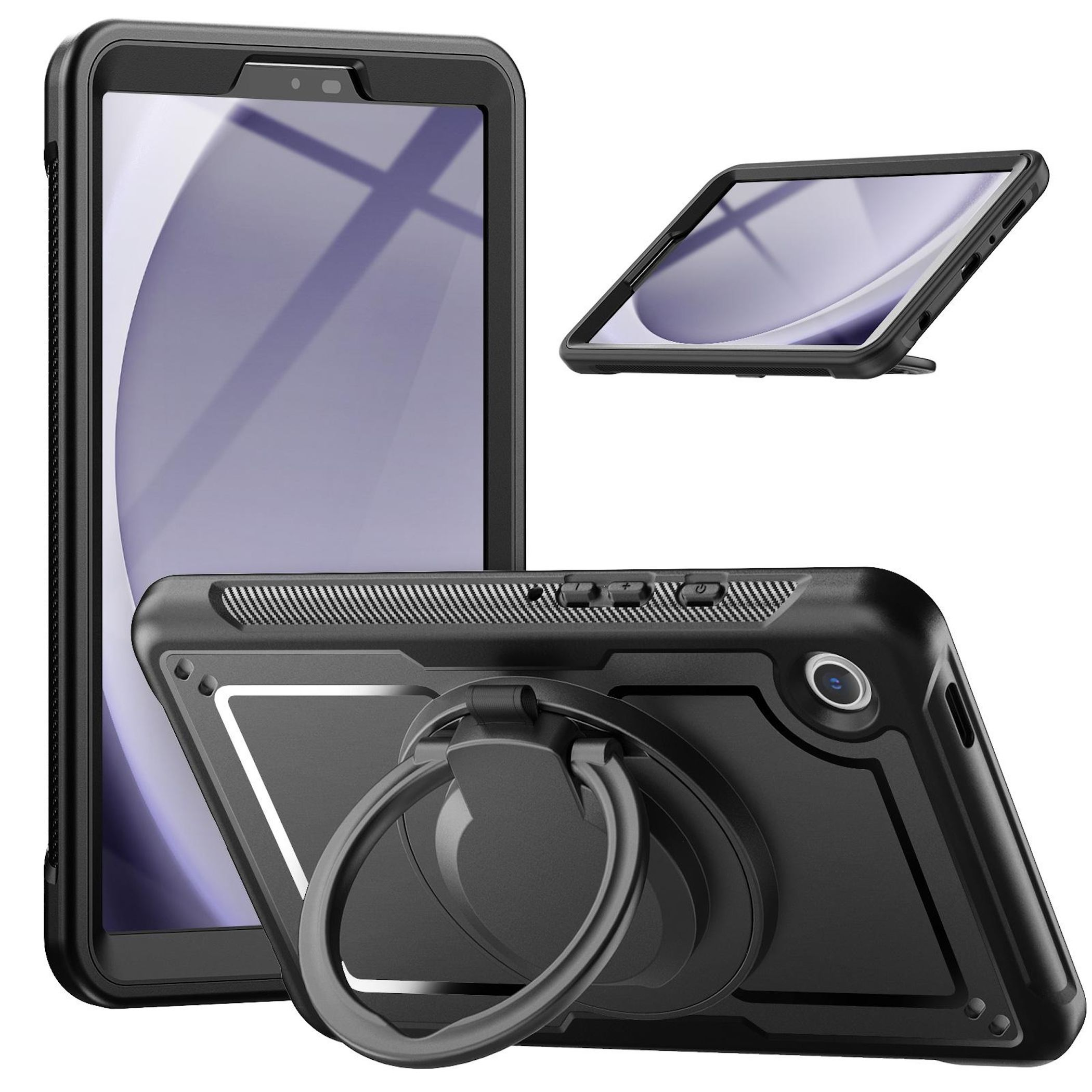 Ein schwarzes Handy-Schutzhülle mit Ringhalterung, auf weißem Hintergrund.