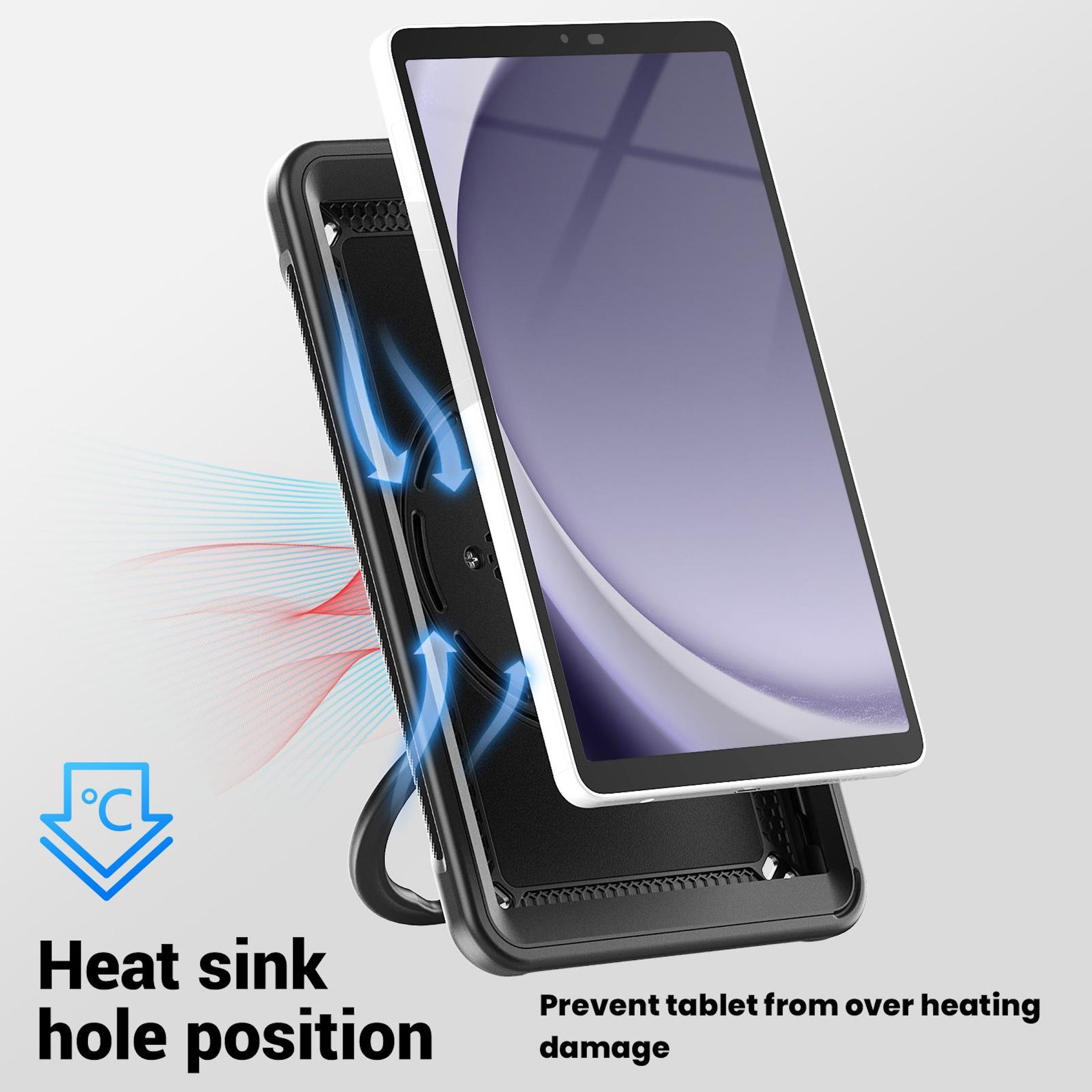 Tablet-Hülle mit Kühlöffnungen und Lüftungsdiagramm.