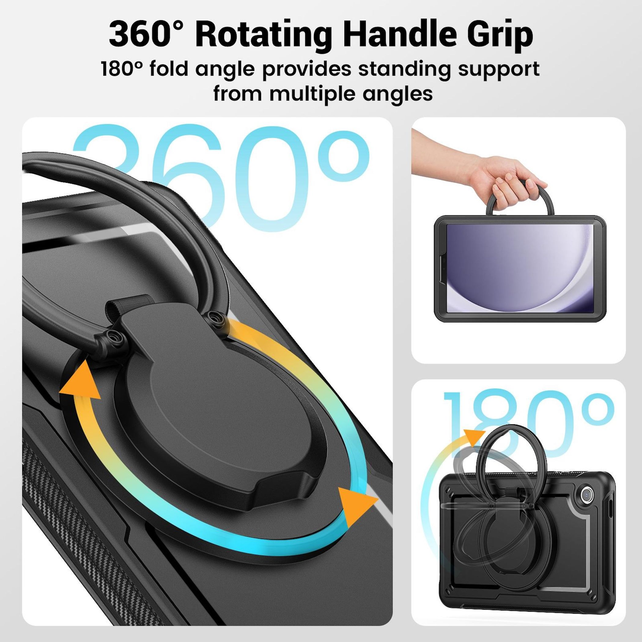 Tablethülle mit 360° drehbarem Griff und 180° Ständer.