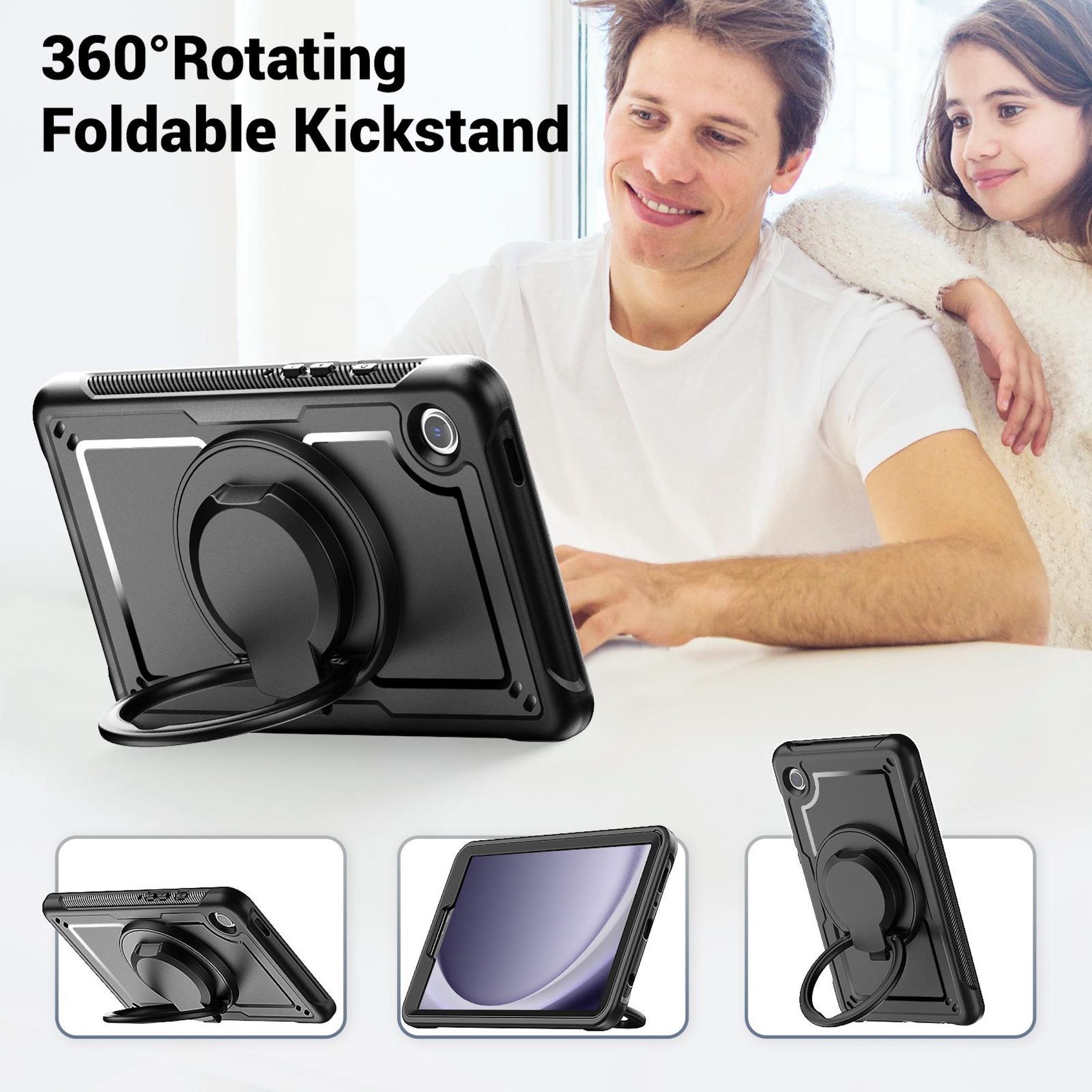 Schwarze Tablet-Hülle mit 360-Grad-Ständer, im Einsatz mit Mann und Kind.