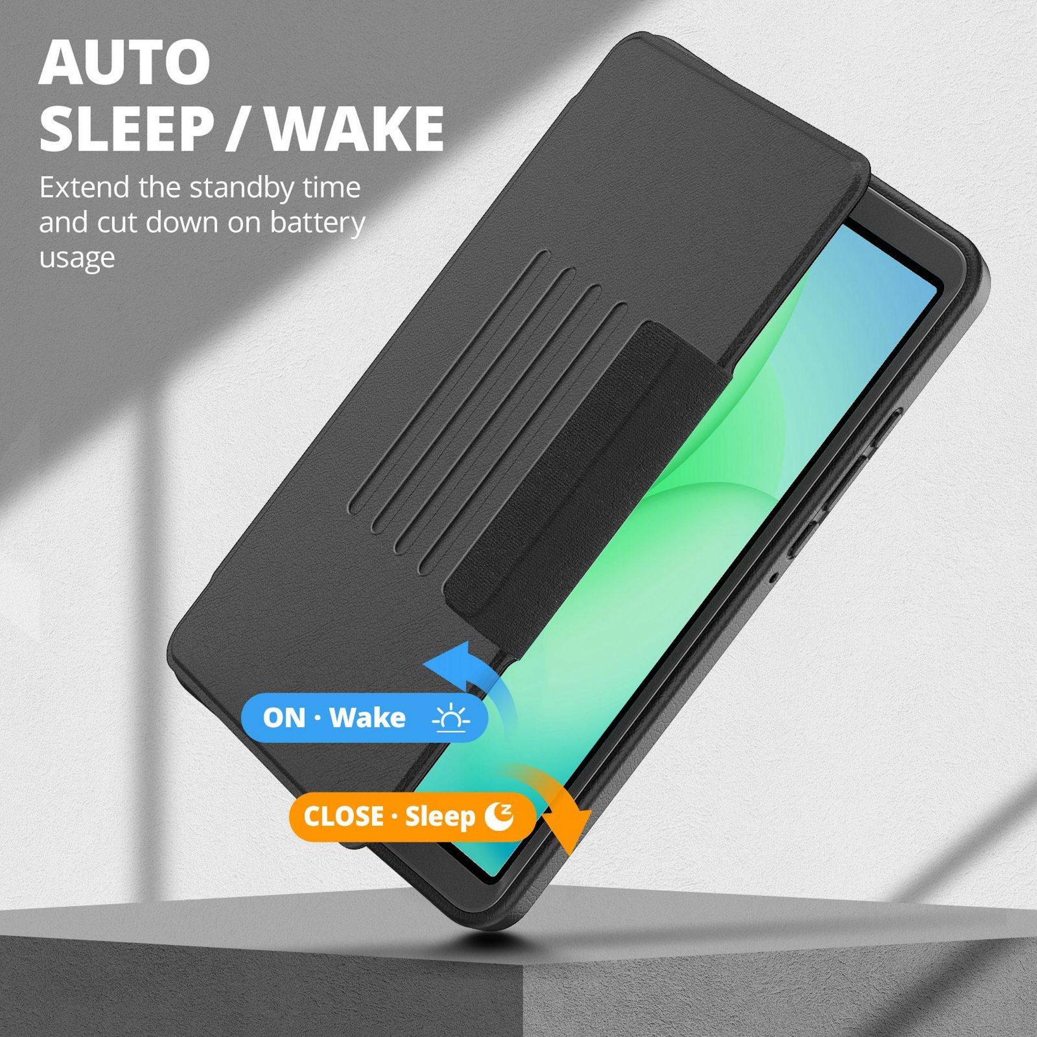 Una tableta negra con funda, mostrando funciones de Auto Sleep/Wake.