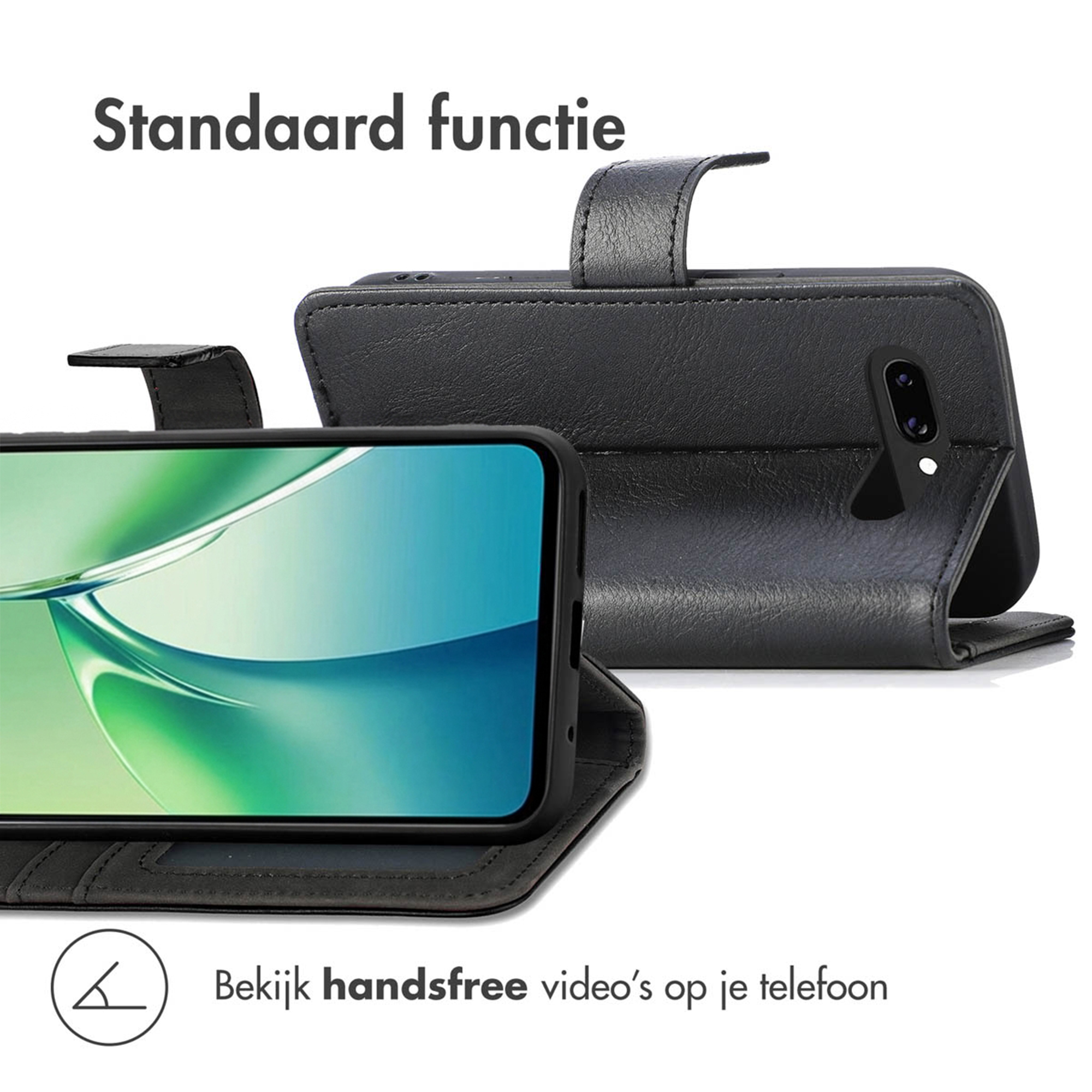 Zwart telefoon flipcase met standaardfunctie en smartphone.
