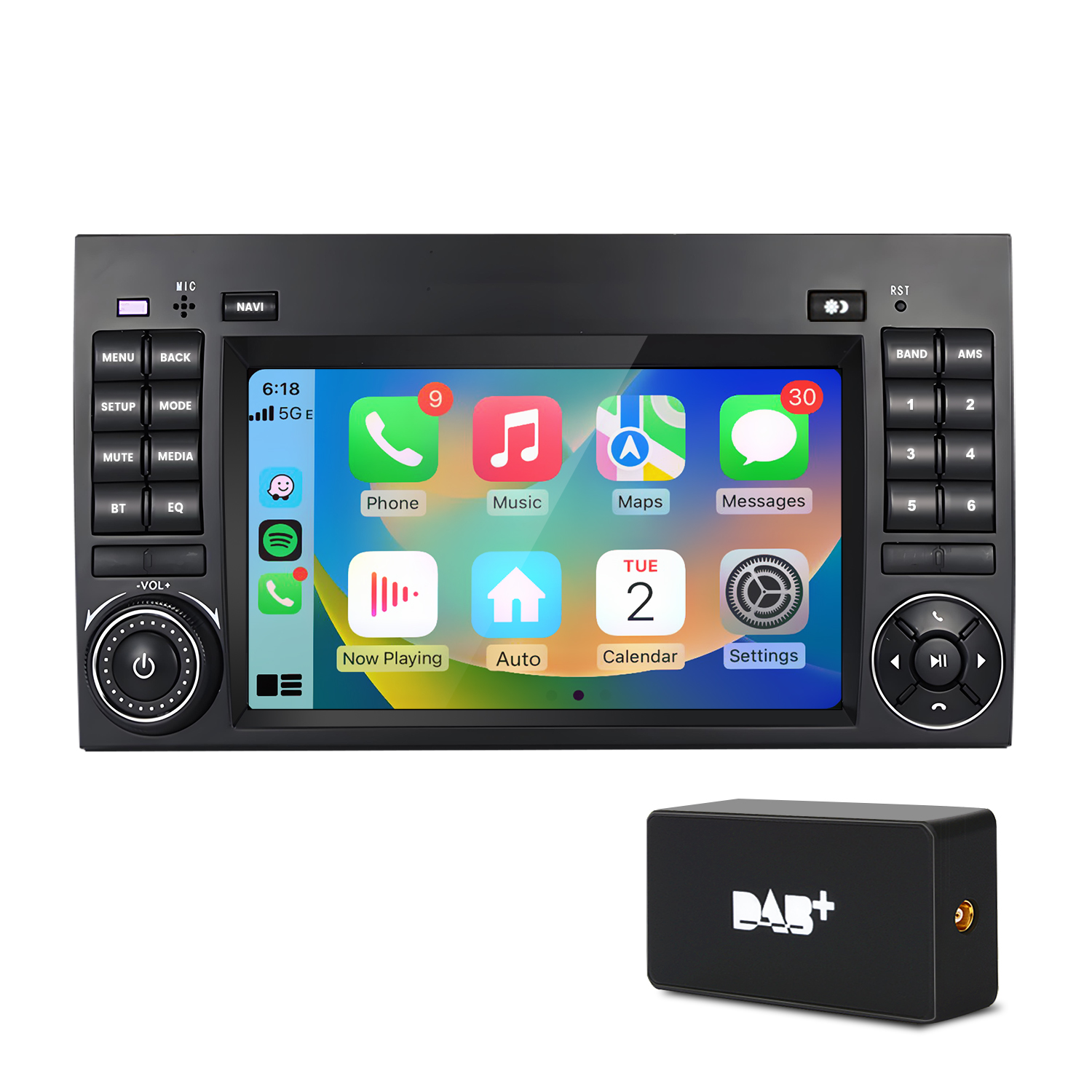 Ein Autoradio-Touchscreen mit Apps und ein DAB+-Empfänger.