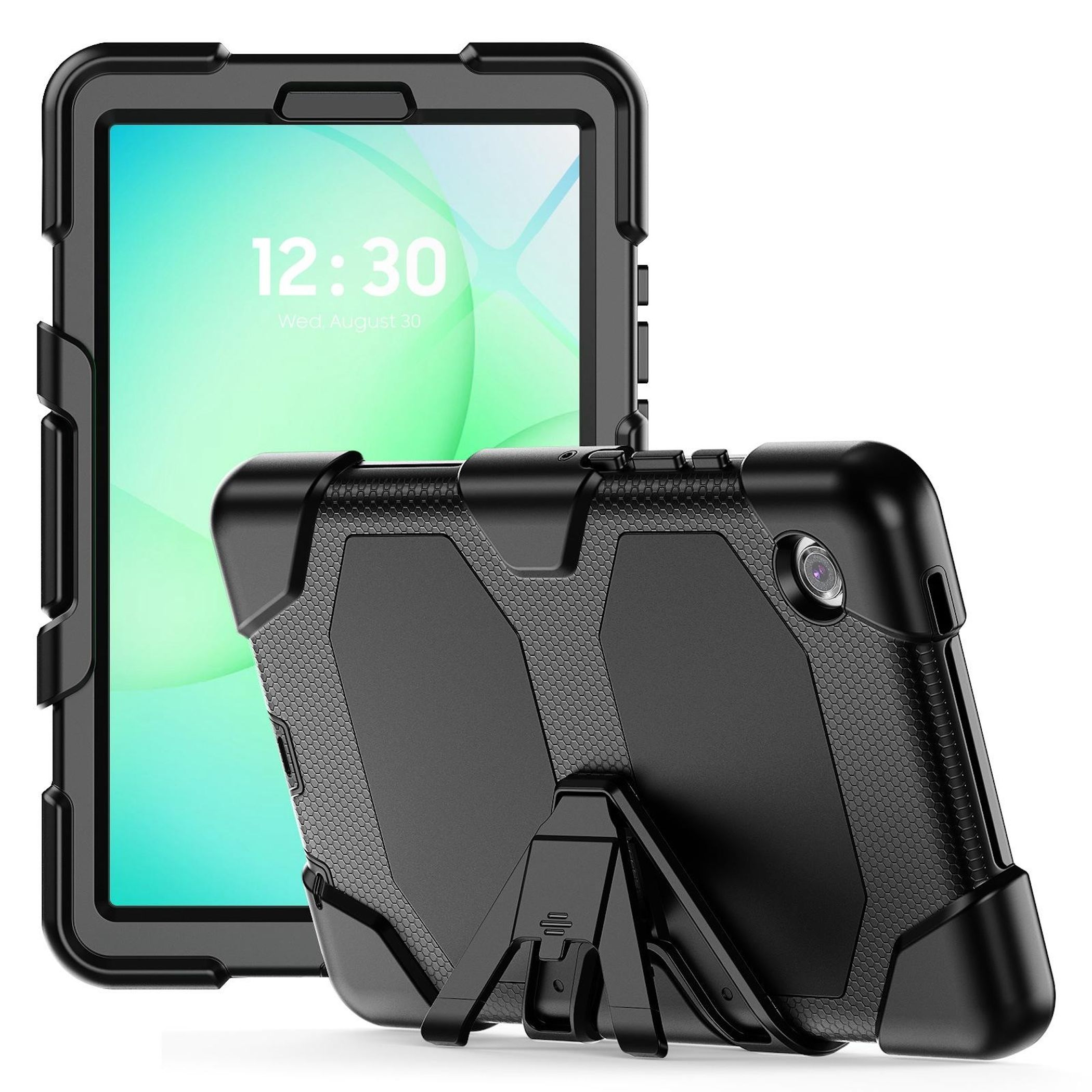 Schwarzes Tablet in Schutzhülle mit Ständer, zeigt 12:30 Uhr.