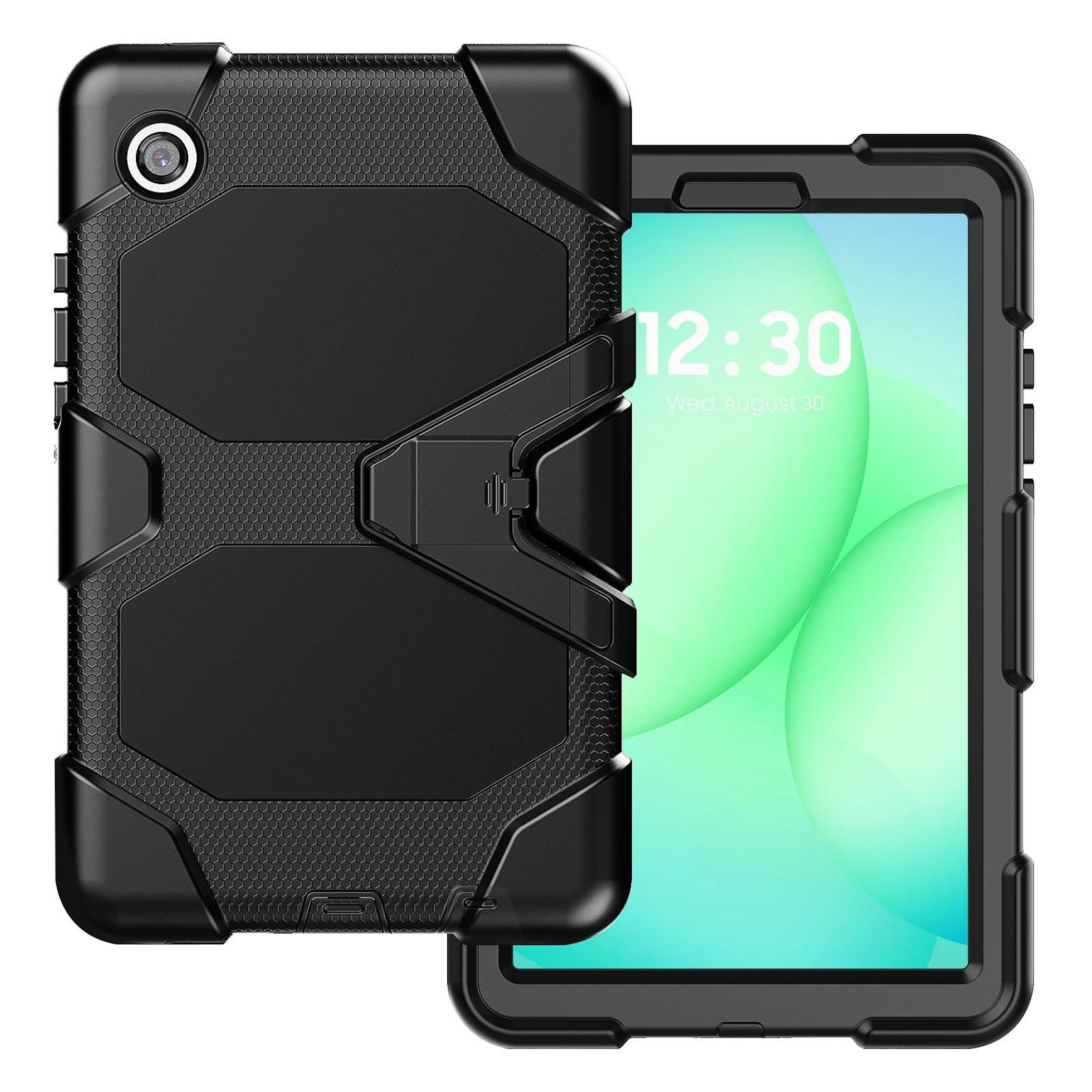 Ein schwarzes Tablet mit robustem Gehäuse und einem Ständer. Die Uhrzeit ist 12:30.