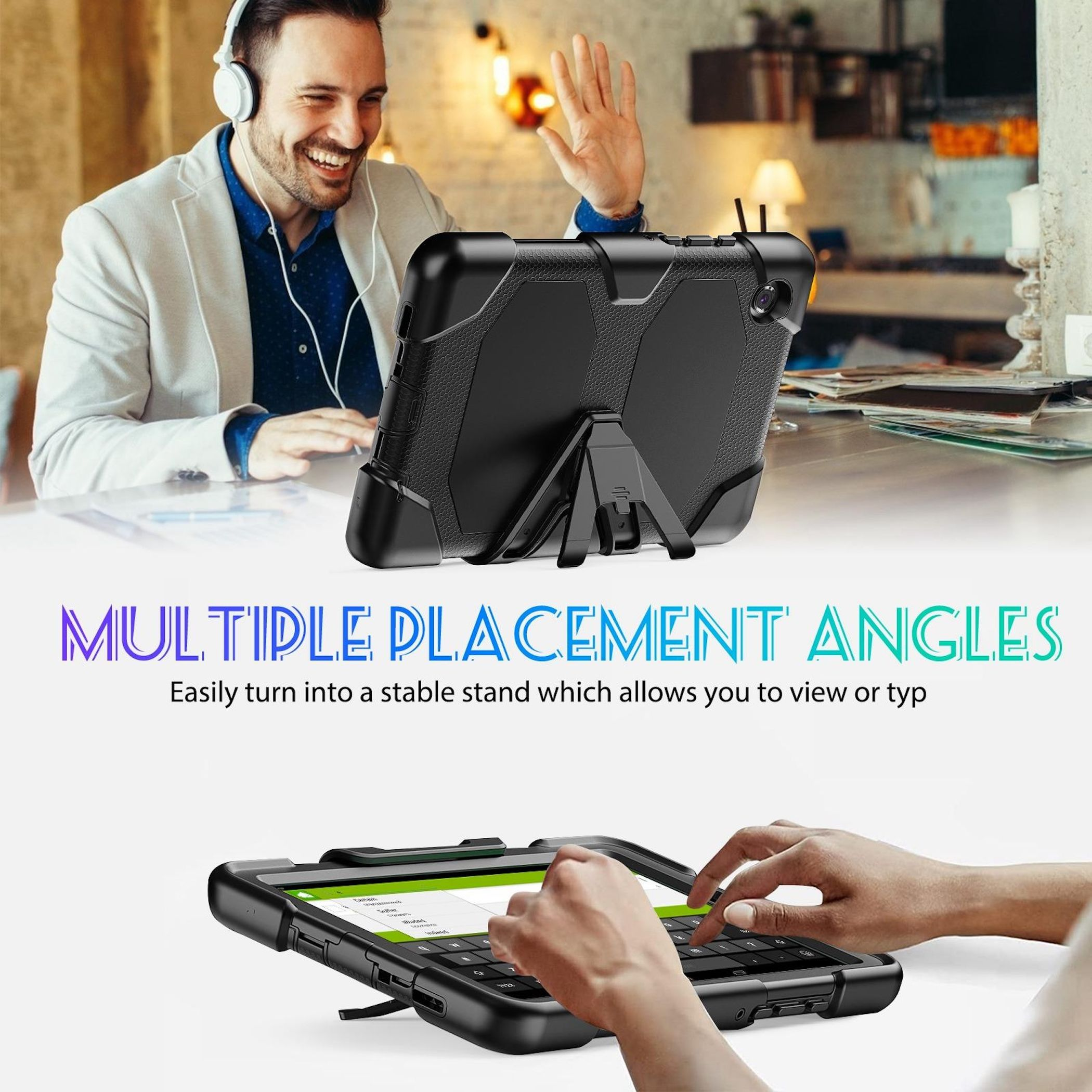 Mann mit Kopfhörern winkt, Tablet mit Ständer und Tastatur wird benutzt.