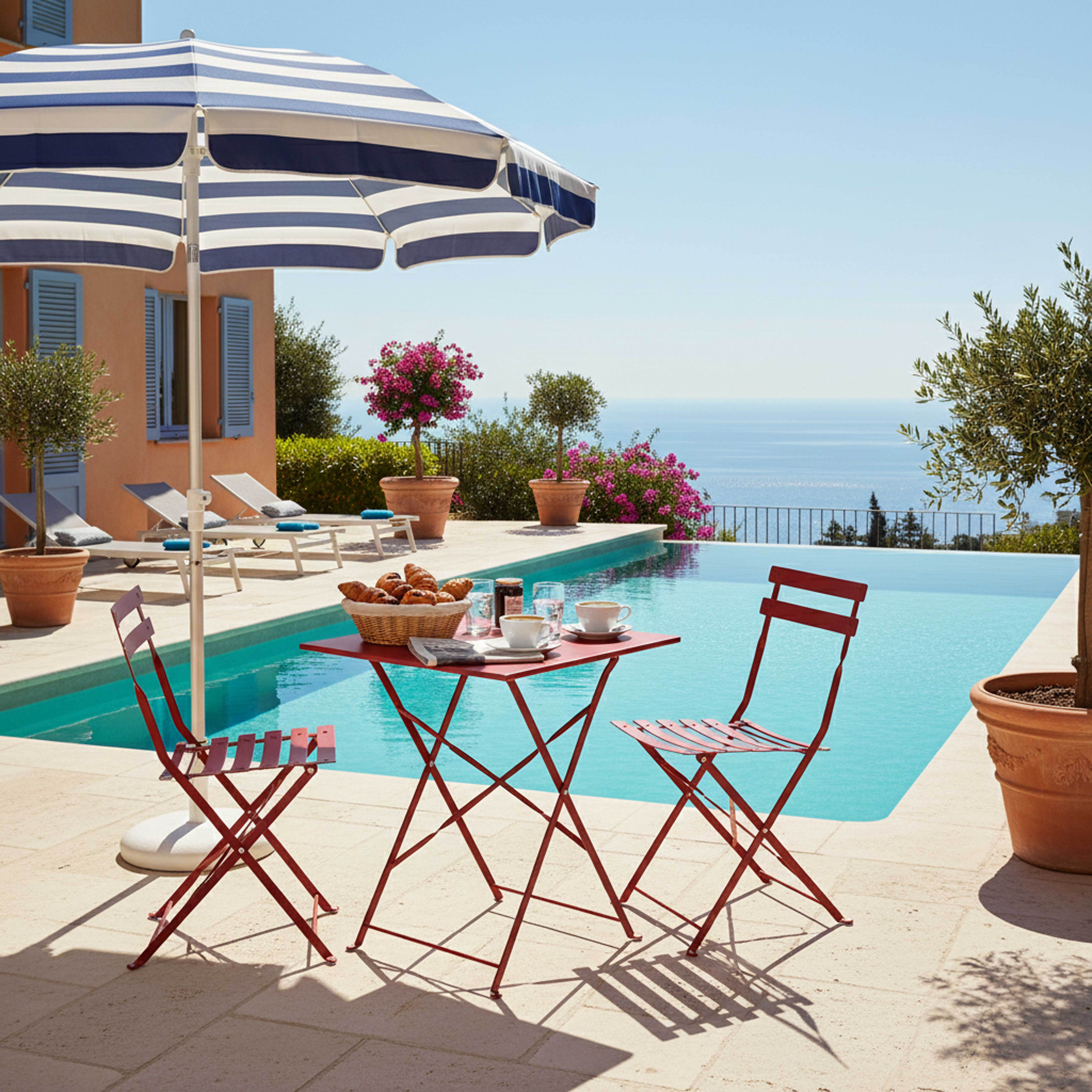 Rote Gartenmöbel am Pool mit Blick auf das Meer, mit Sonnenschirm und Frühstück.