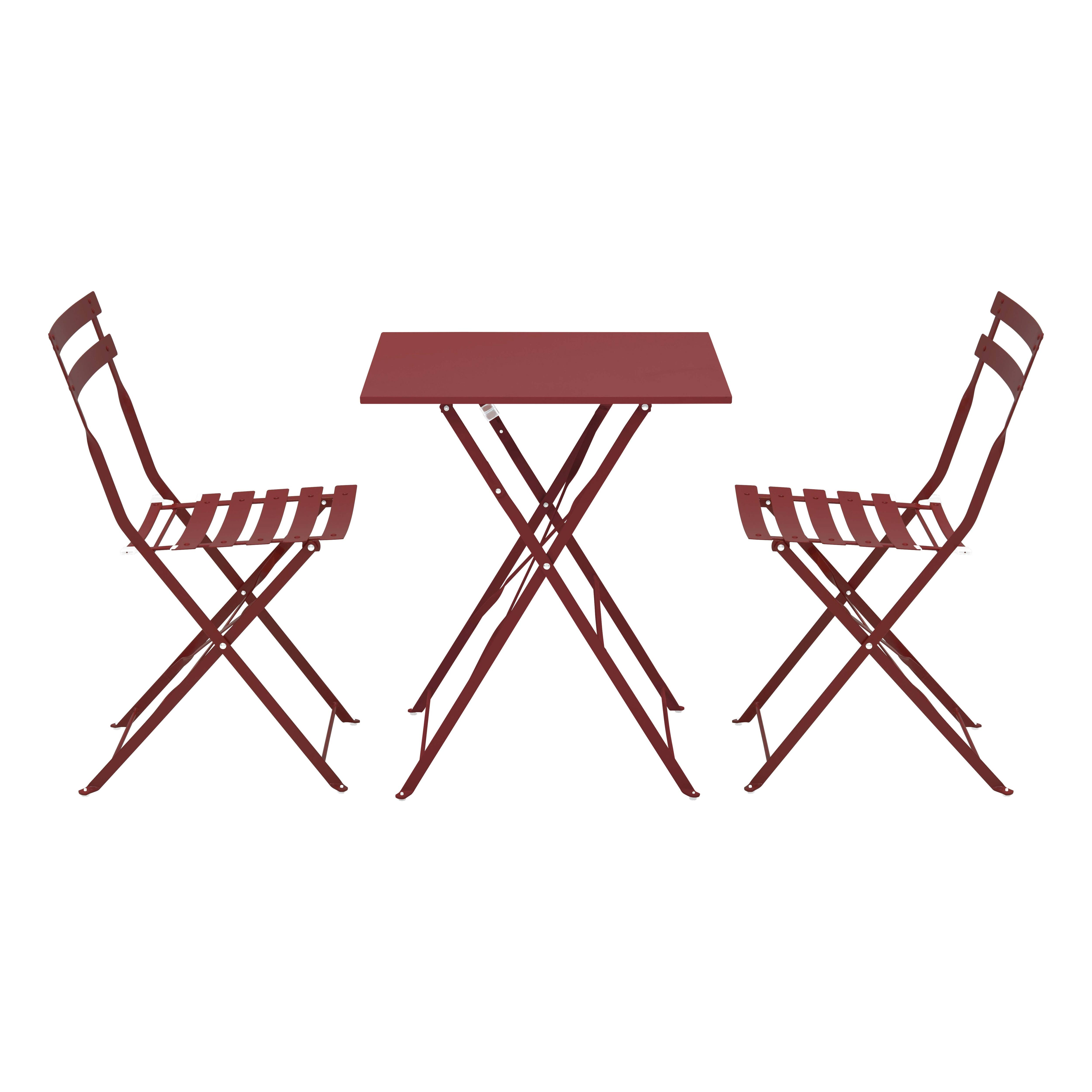 Ein dunkelrotes Metall-Bistrotisch-Set mit zwei Stühlen.