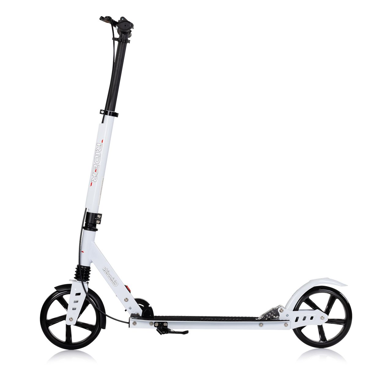 Ein weißer Roller mit schwarzen Rädern und Griffen, isoliert auf weißem Hintergrund.