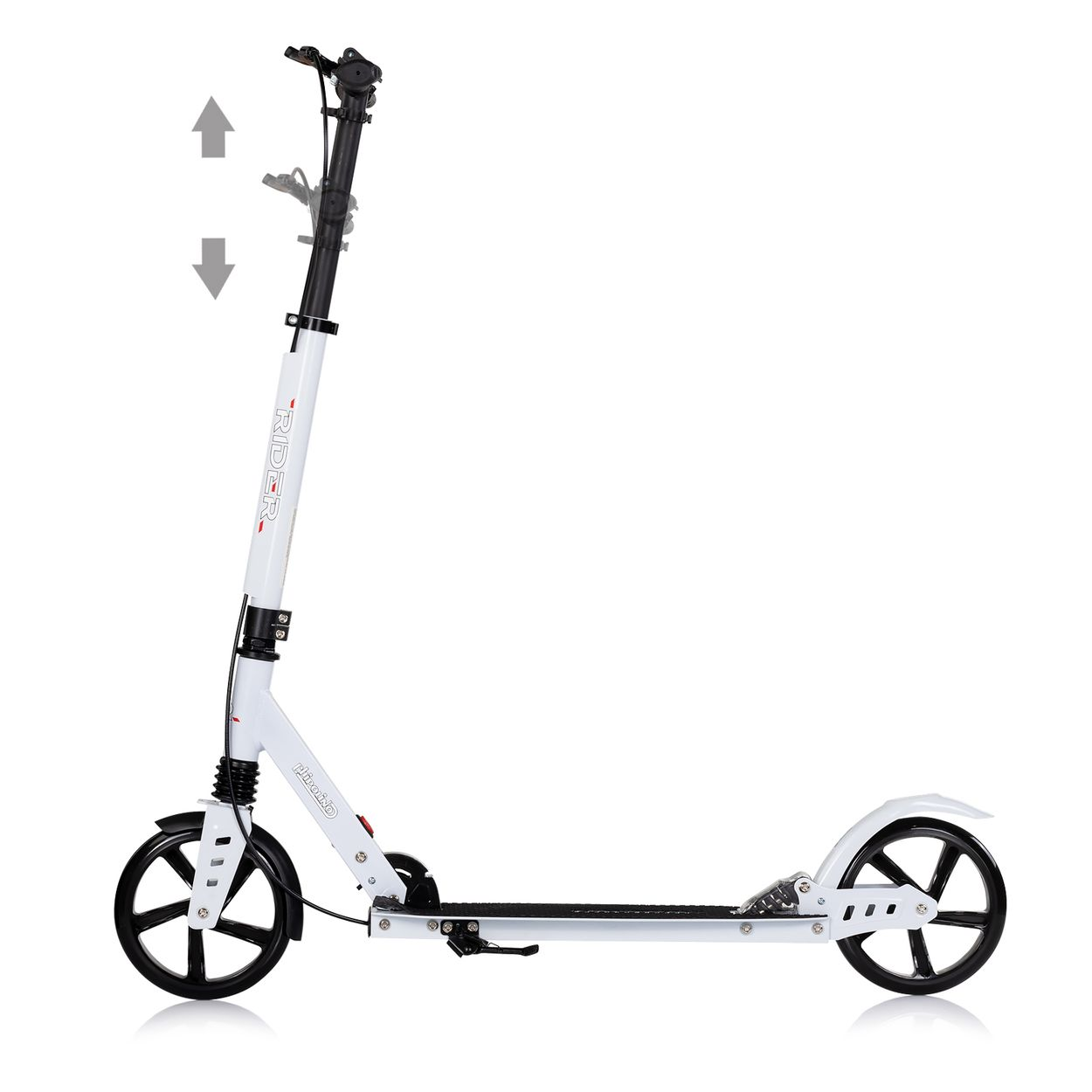 Ein weißer Roller mit schwarzen Rädern und Griffen auf weißem Hintergrund.
