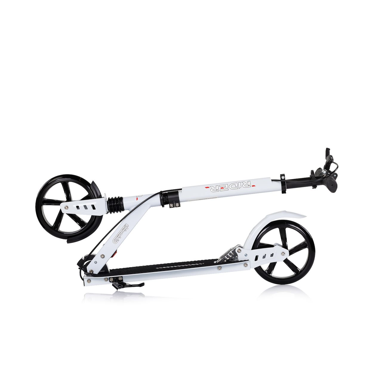 Ein weißer Roller mit schwarzen Rädern und Griffen auf weißem Hintergrund.