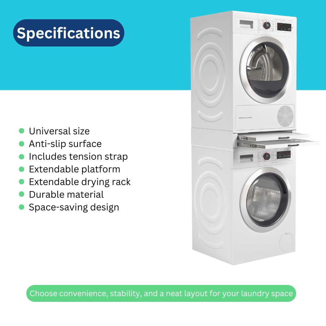 Specifications: Stacked washer and dryer with extendable platform and rack.