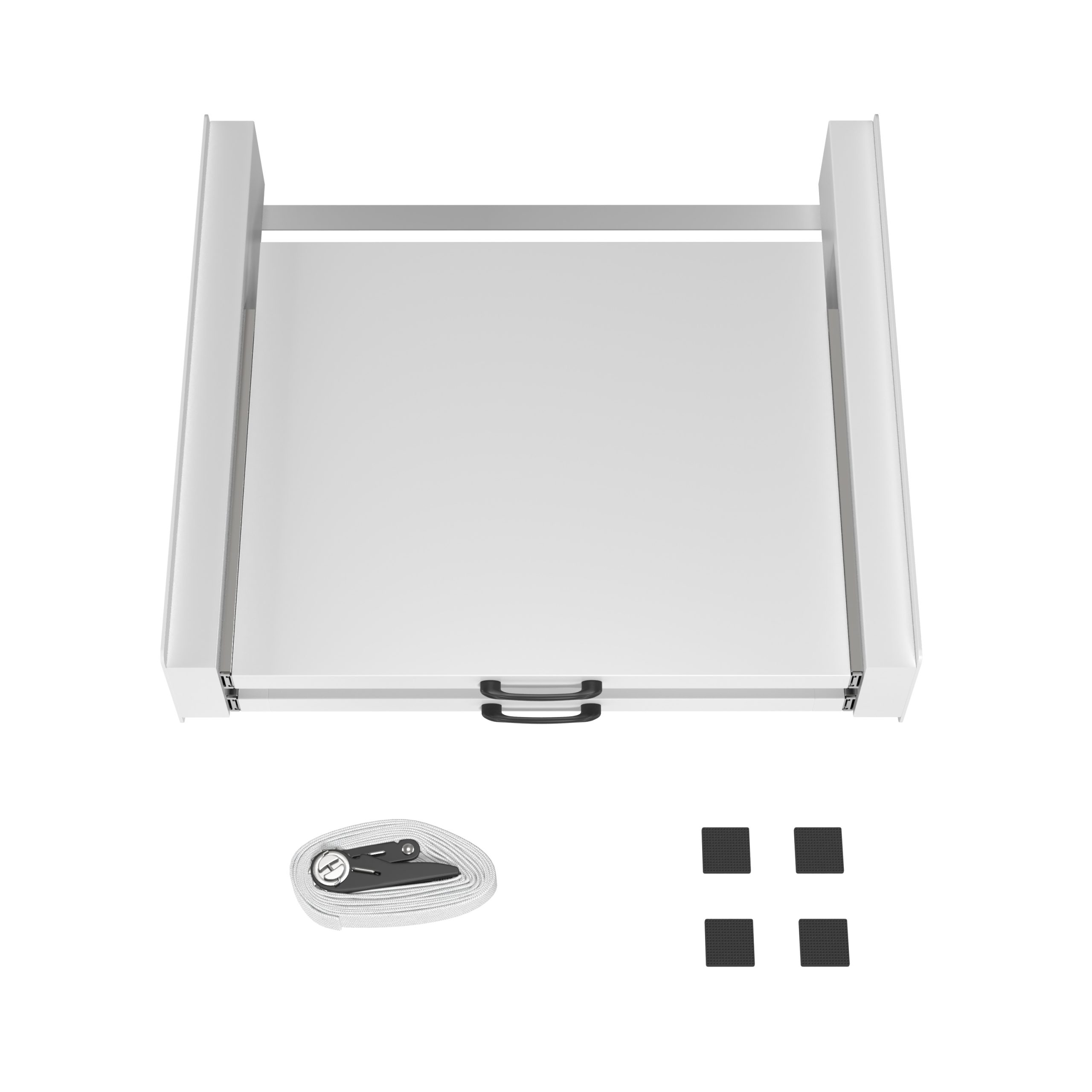 A white drawer slide with black handles and accessories.