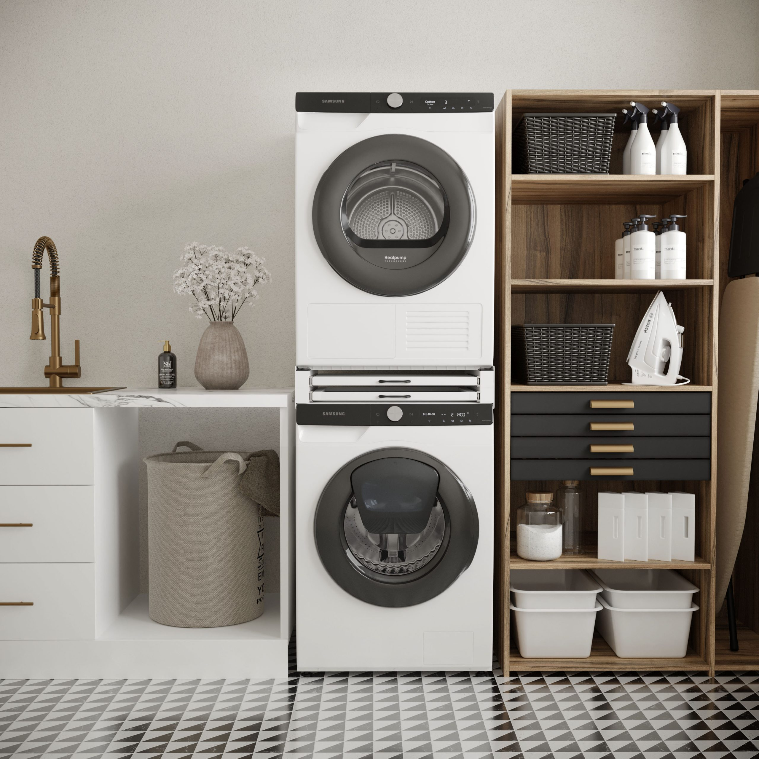 A modern laundry room with stacked washers, shelves, and a sink.