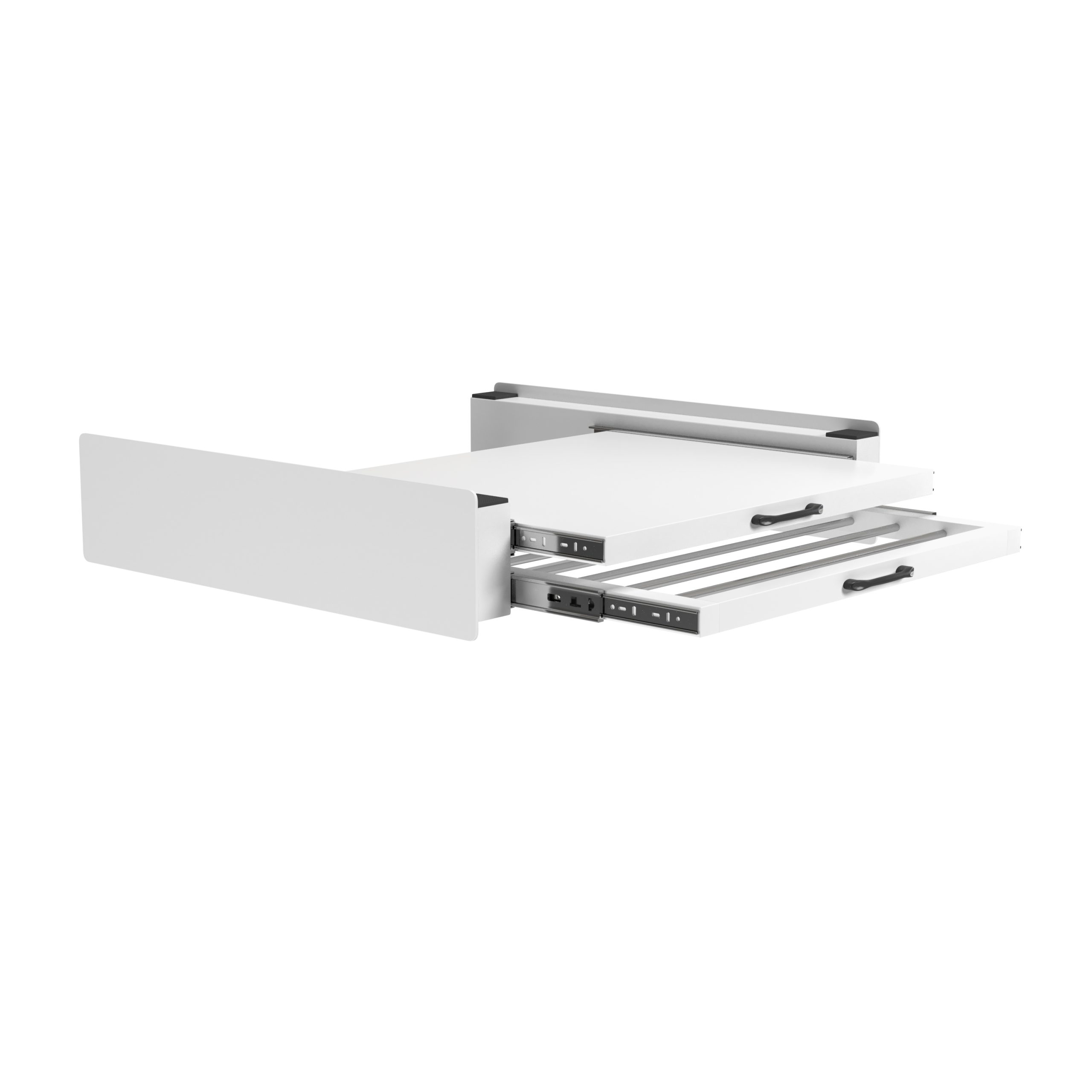 A white pull-out cabinet with black handles on a white background.