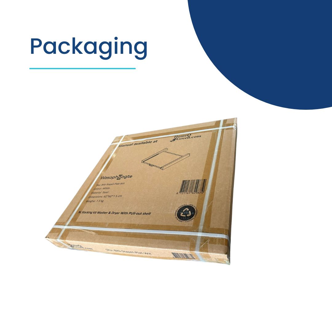 Packaging for an XL stacking kit washer & dryer with pull-out shelf.