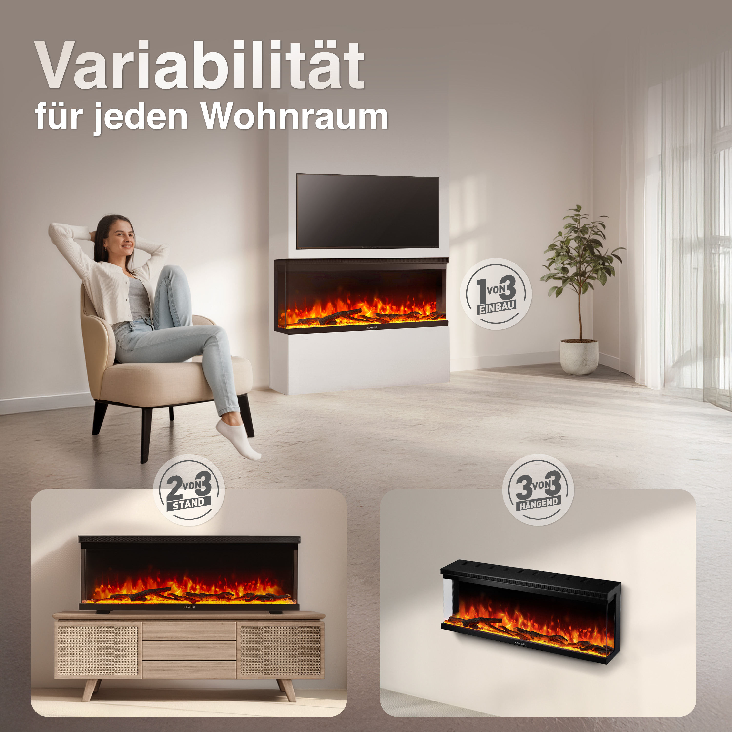 Ein Kamin mit Flammen-Effekt wird in drei Varianten gezeigt: Einbau, Stand und Hängend.
