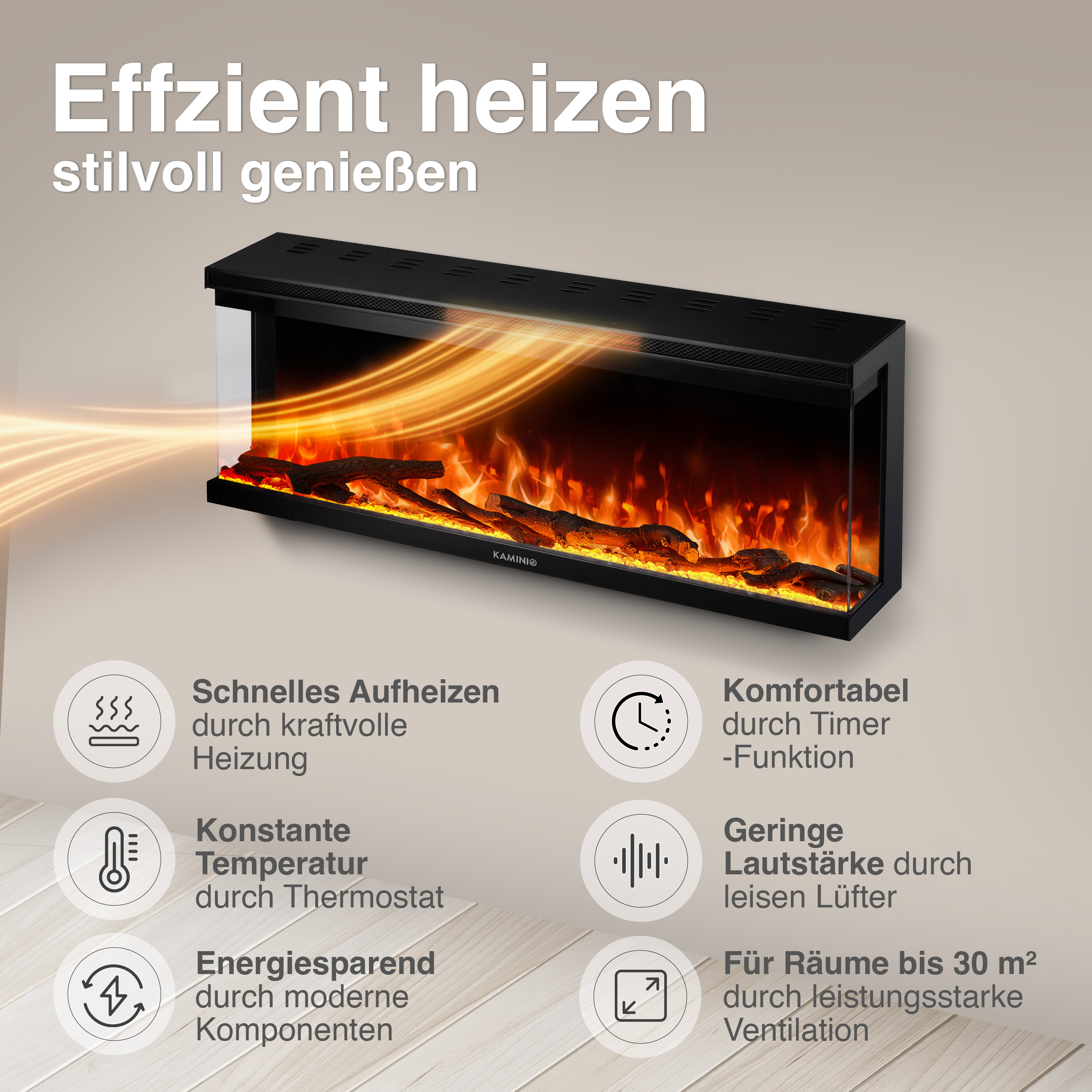 Ein moderner elektrischer Kamin mit realistischer Flammenoptik und Holzscheiten.