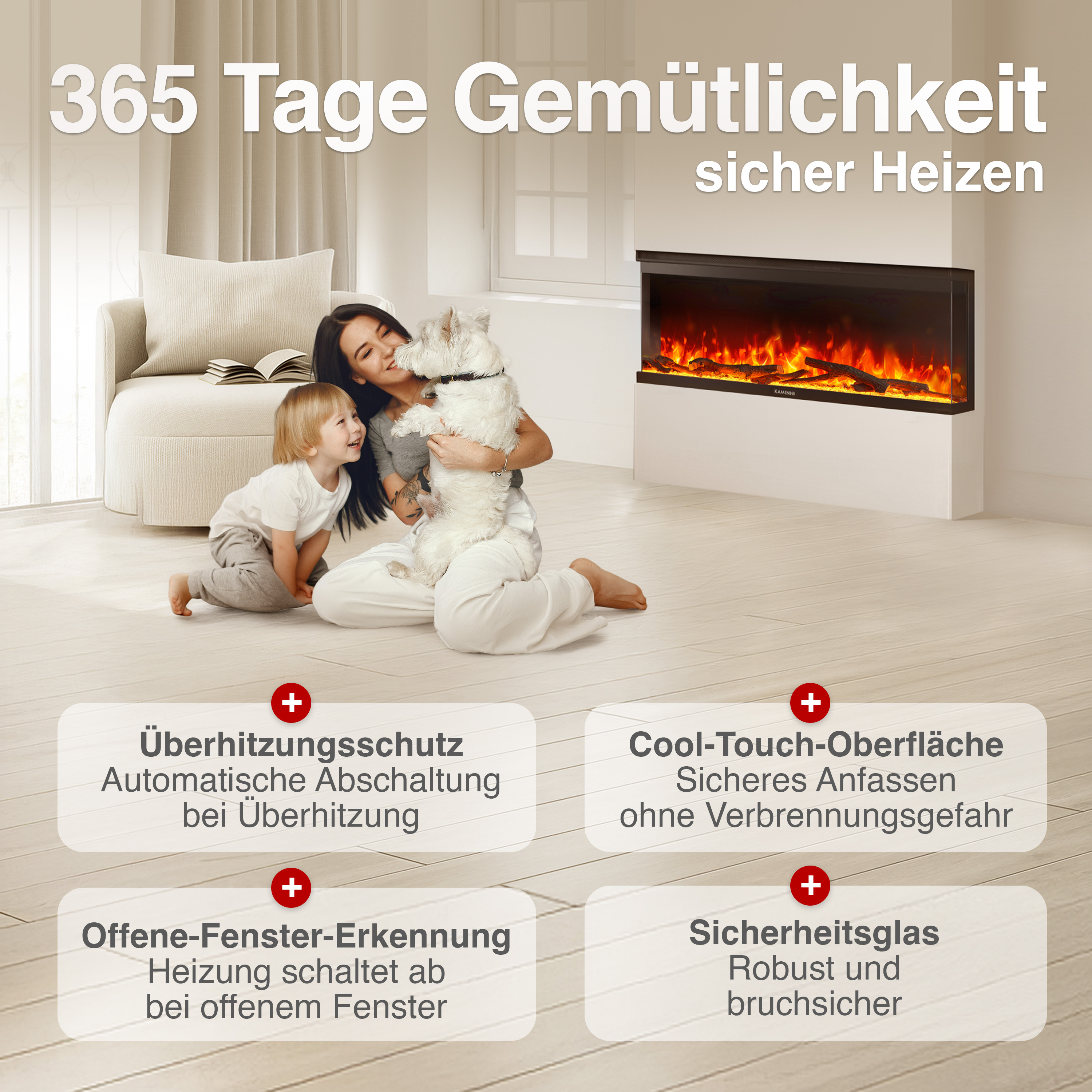 Mutter, Kind und Hund vor einem Kamin. Vier Textfelder mit Funktionen.