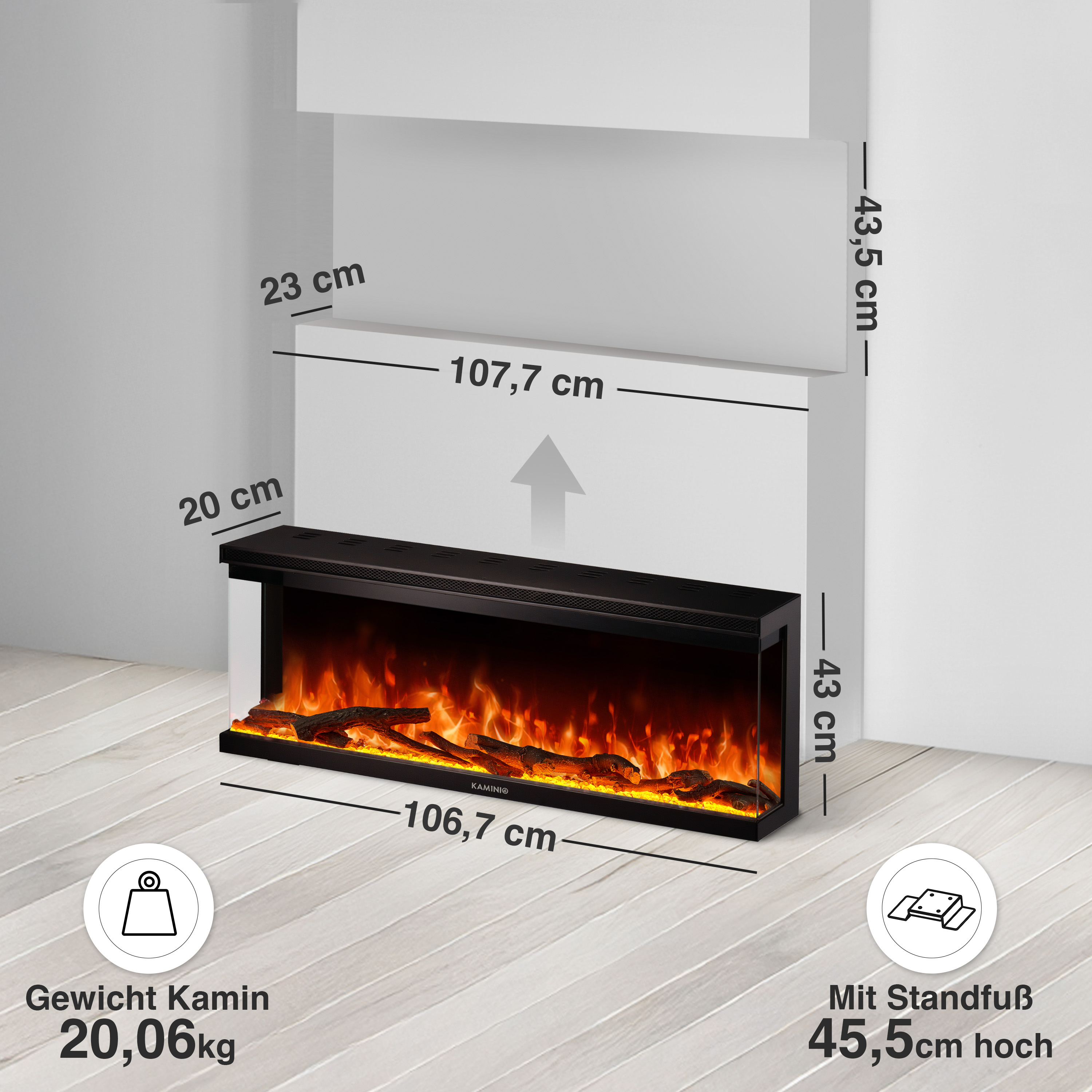 Ein elektrischer Kamin mit Flammen-Effekt, Maße und Gewicht werden angezeigt.