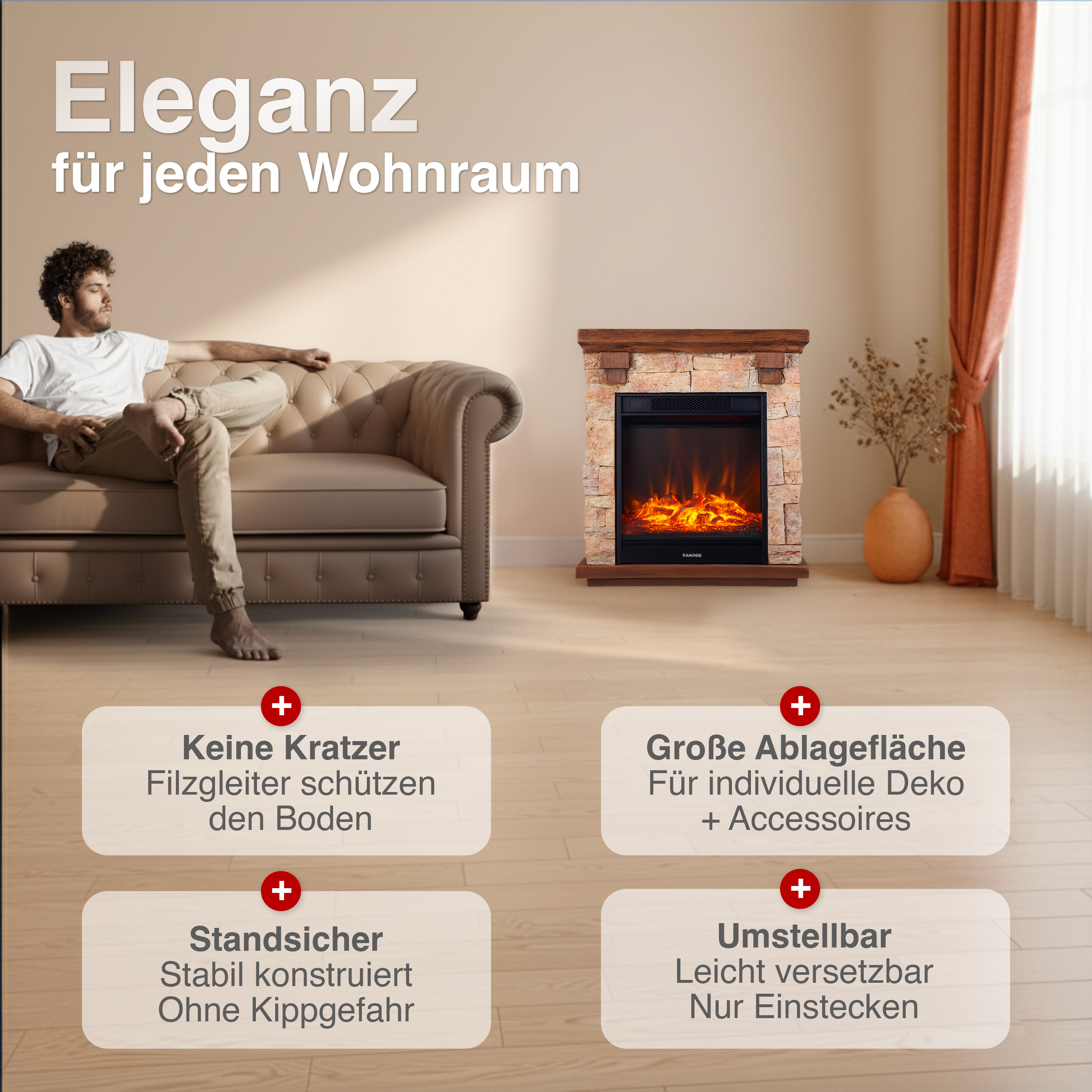 Ein Mann sitzt auf einem Sofa neben einem Kamin. Text hebt Vorteile hervor.
