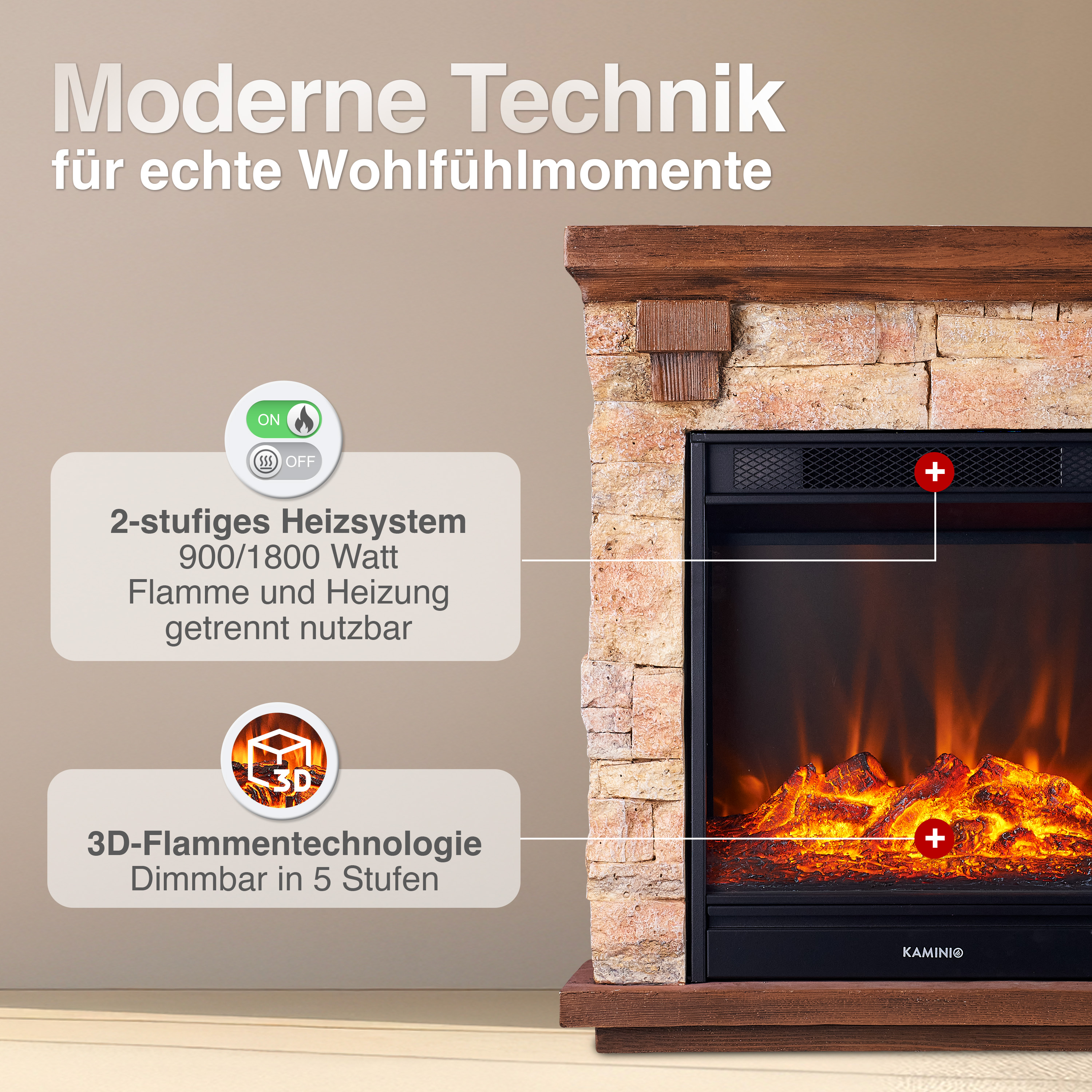 Moderner Kamin mit Steinverkleidung, Flammen und Heizsystem.