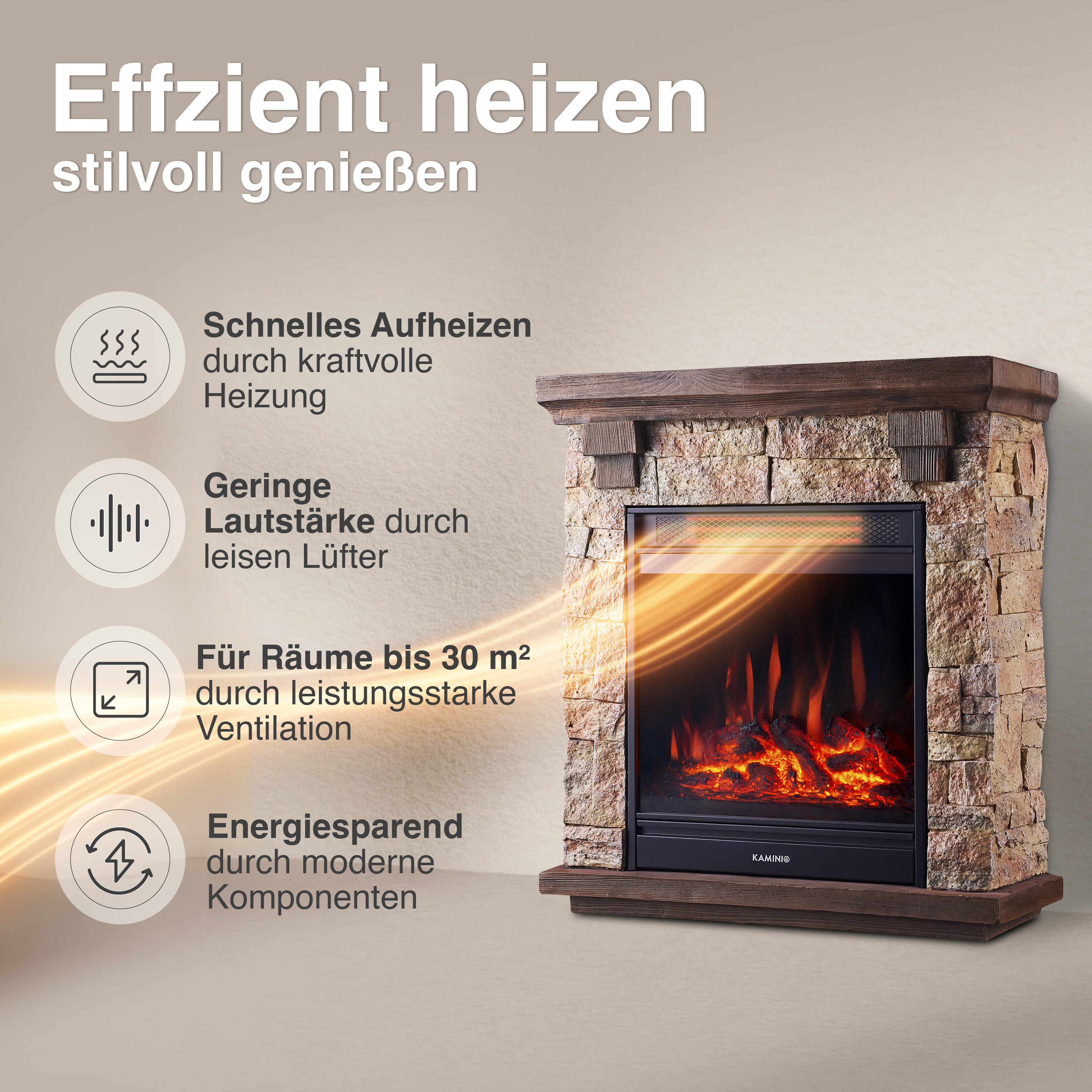Ein Kamin mit Steinverkleidung und Holzelementen zeigt Flammen. Text beschreibt Heizfunktion.