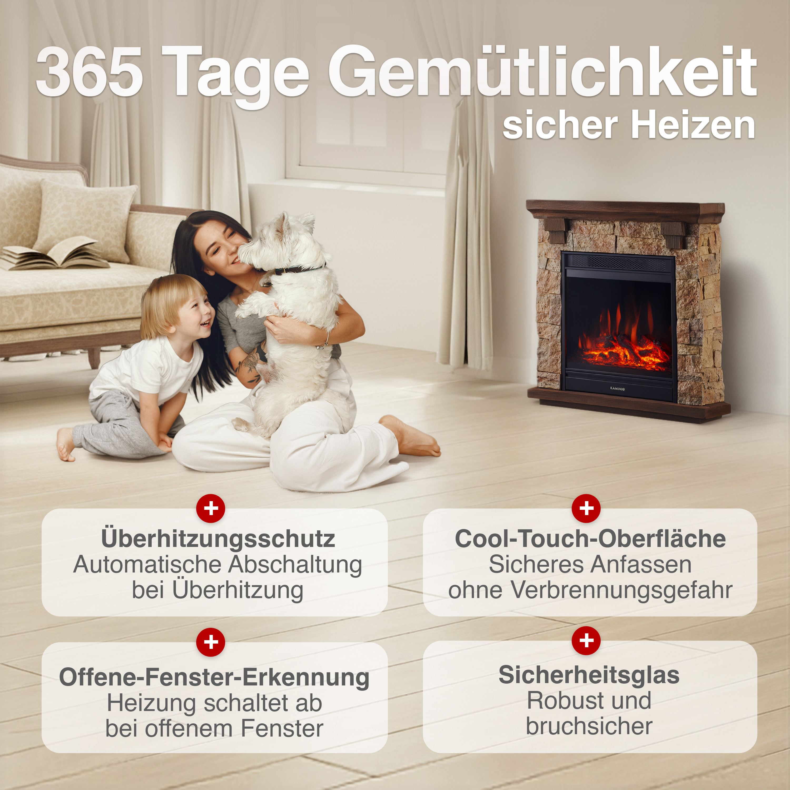 Familie mit Hund und Kamin, mit Text über Heizungsfunktionen.