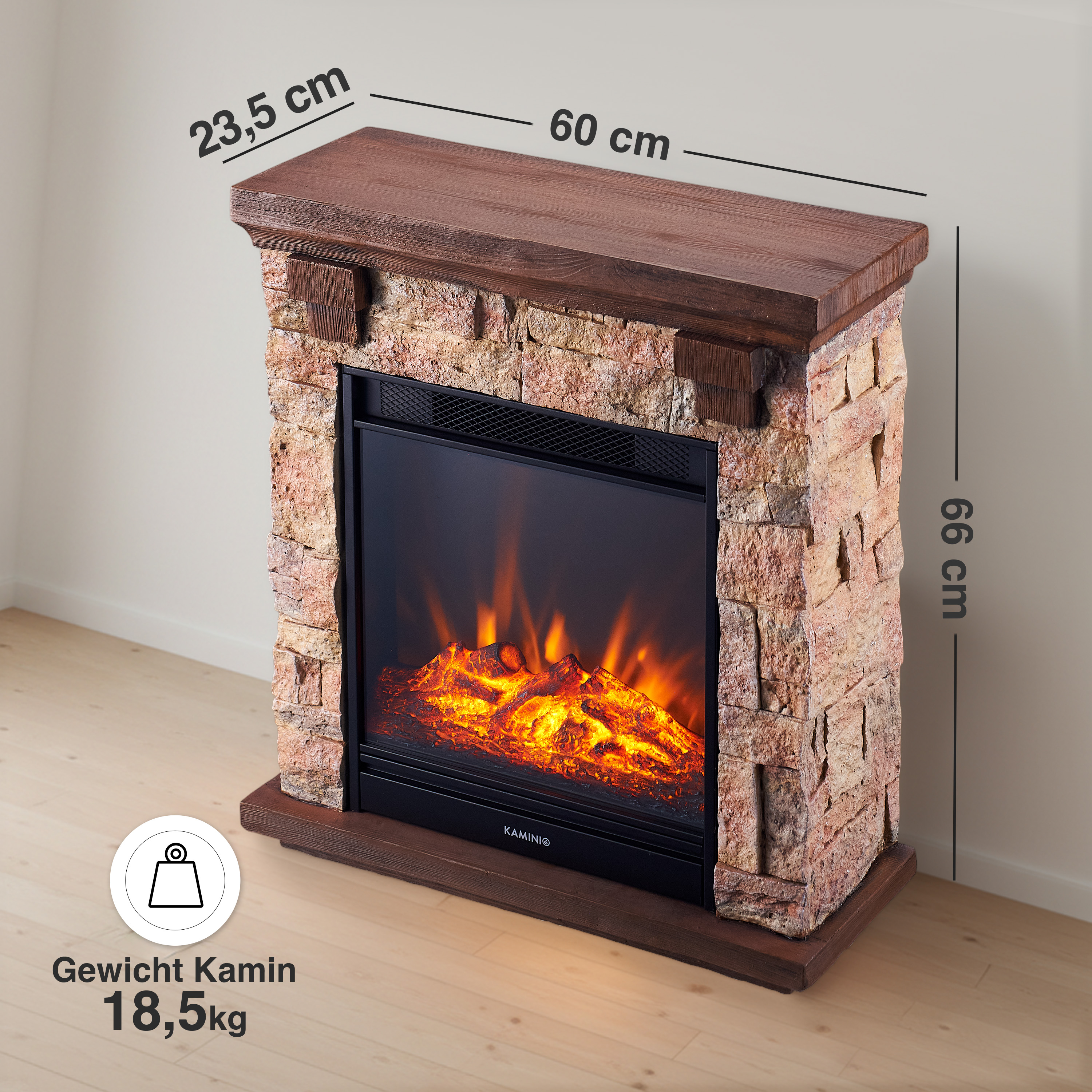 Kamin mit Steinoptik, Holzoberfläche, Flammen-Effekt. Maße: 60x23,5x66cm.