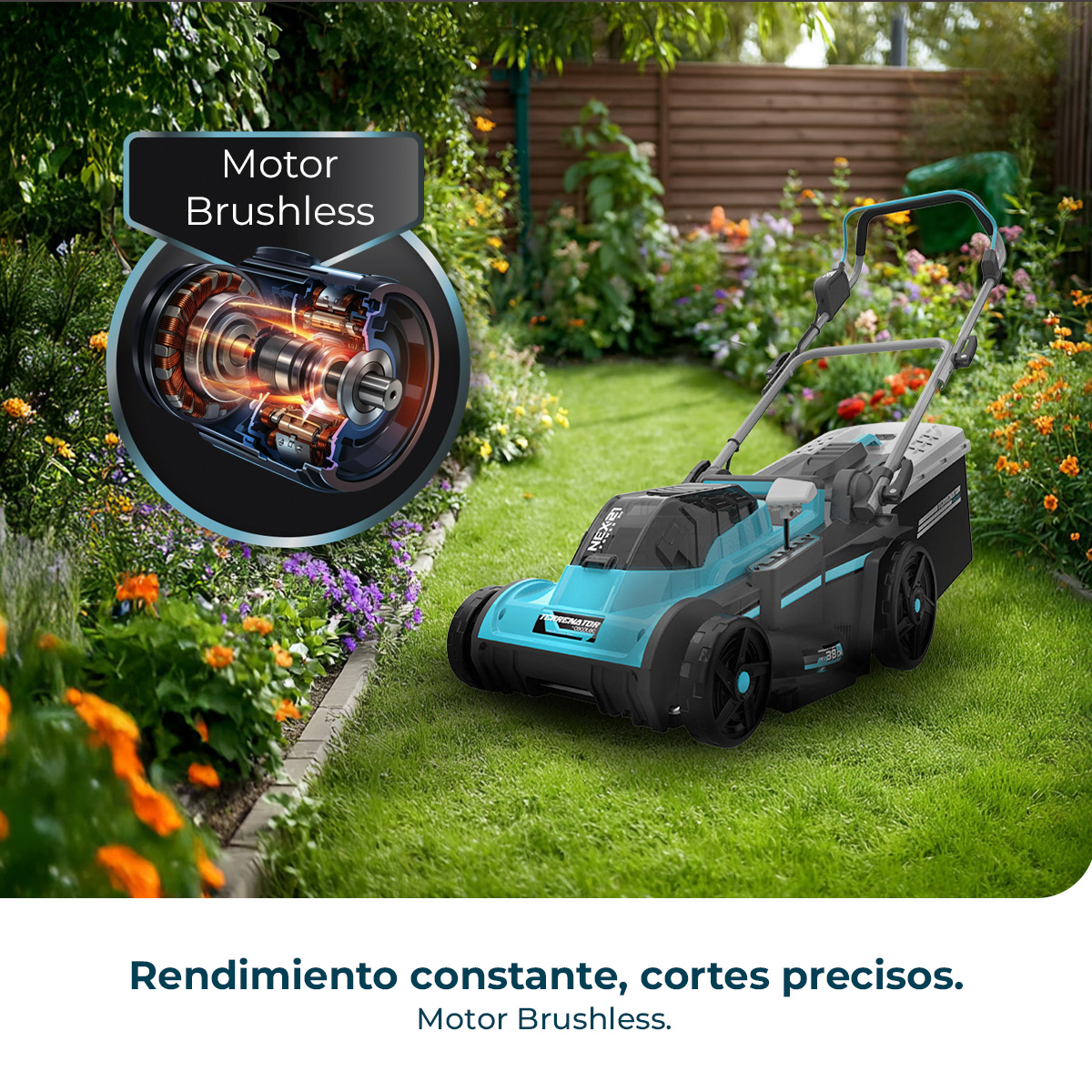 Un cortacésped azul y negro sobre césped, con imagen de un motor.