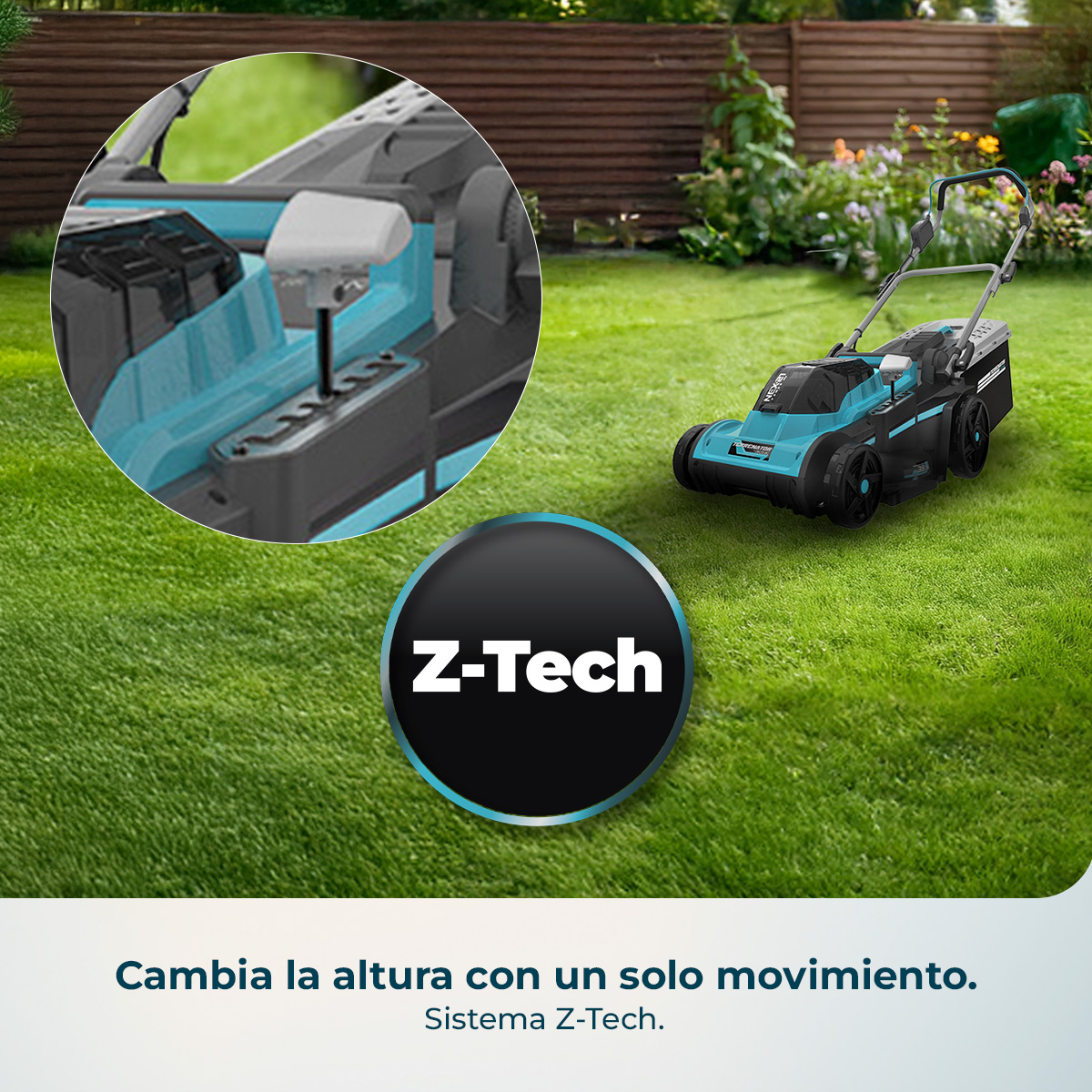 Un cortacésped azul y negro sobre césped verde, con detalle ampliado.