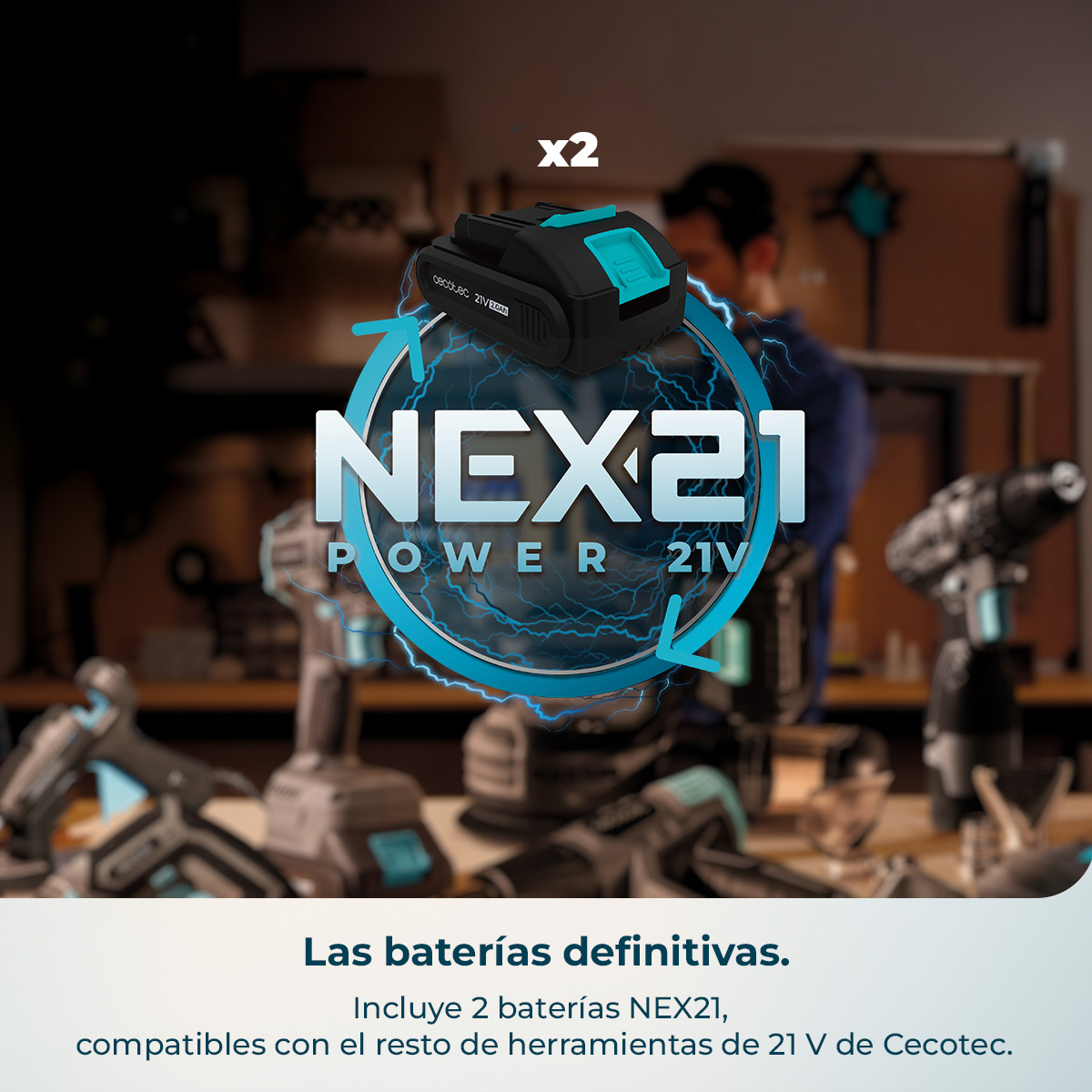 Dos baterías negras con detalles turquesa, NEX21 Power 21V.