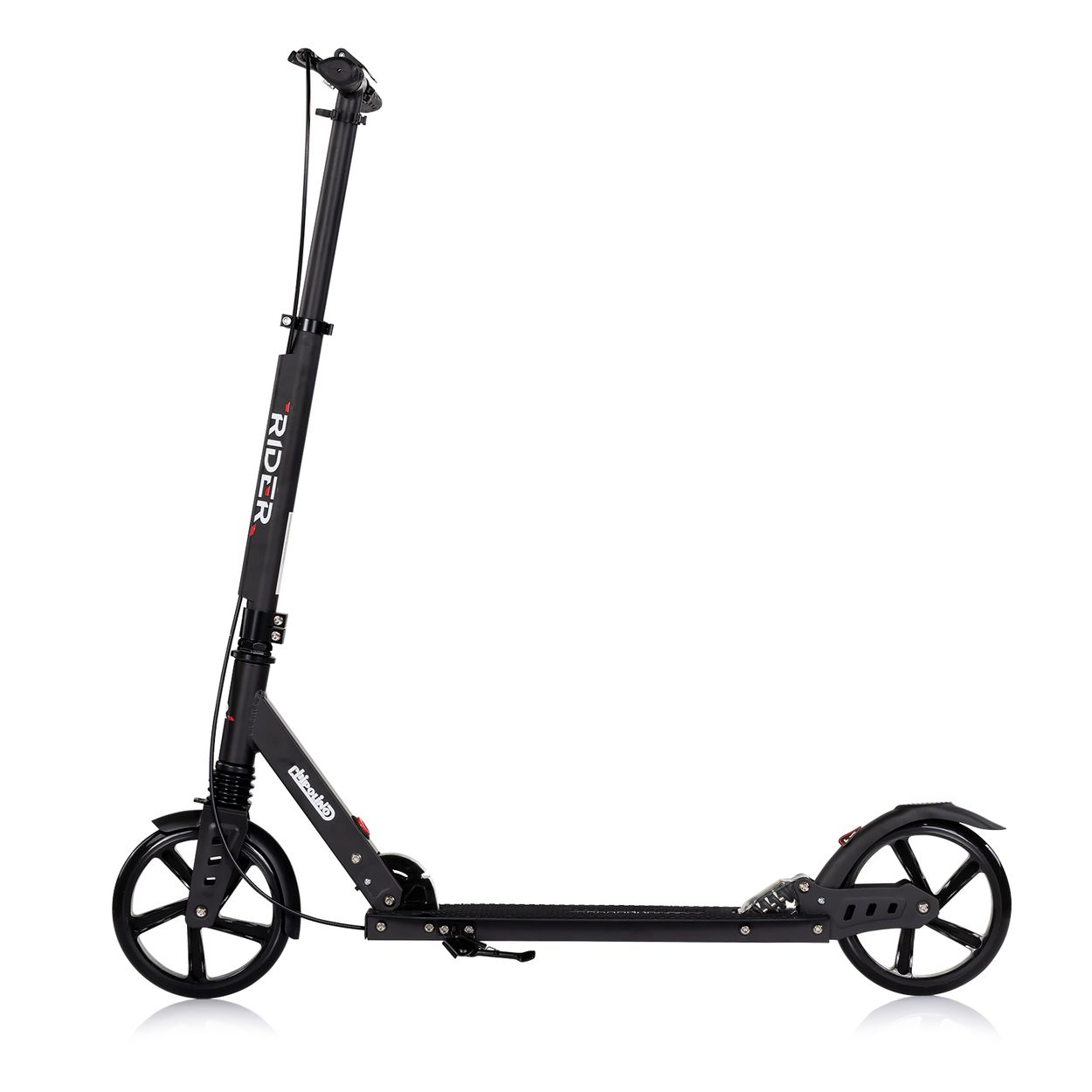 Ein schwarzer Roller mit großen Rädern und dem Wort RIDER auf dem Lenker.