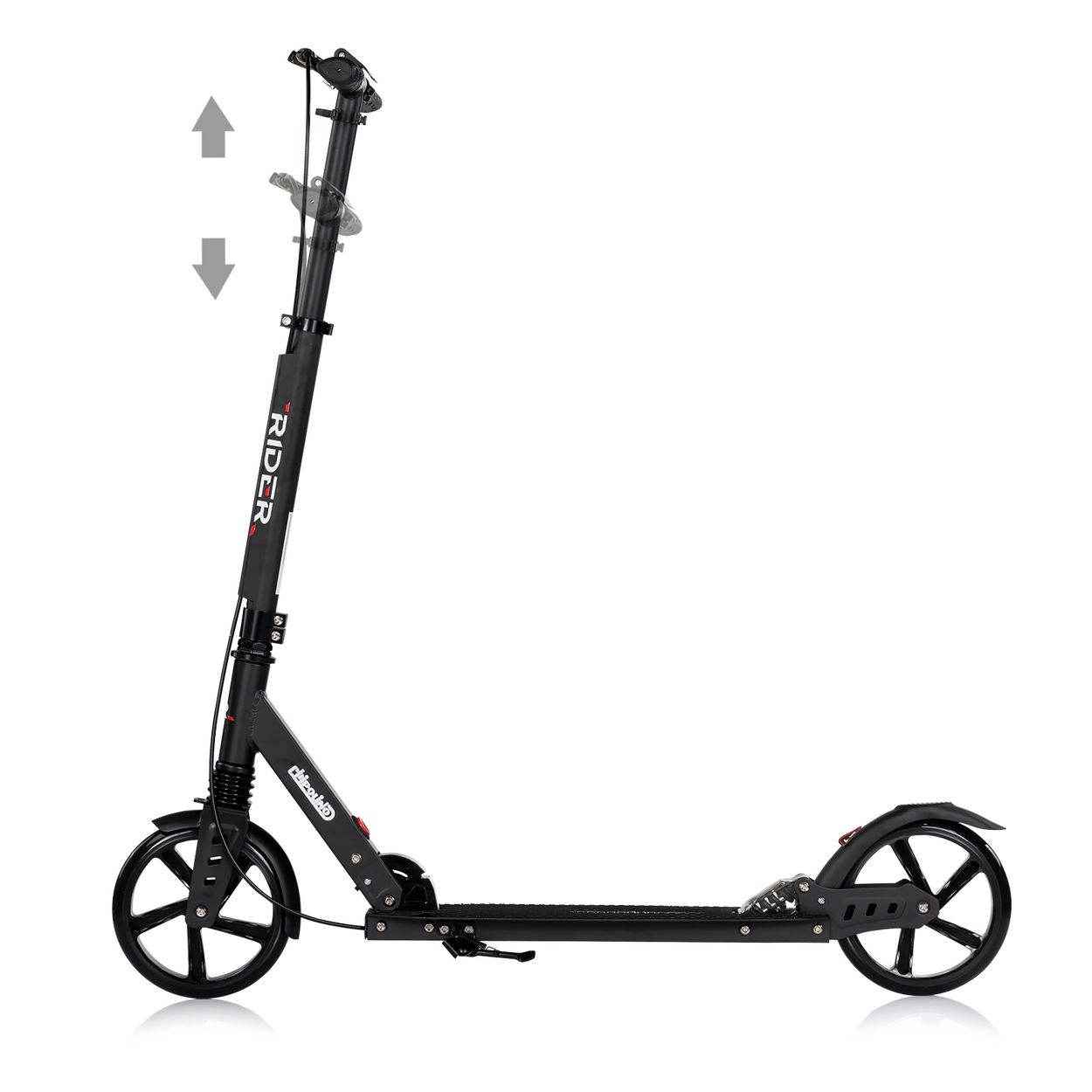 Ein schwarzer Roller mit zwei Rädern und einem verstellbaren Lenker.