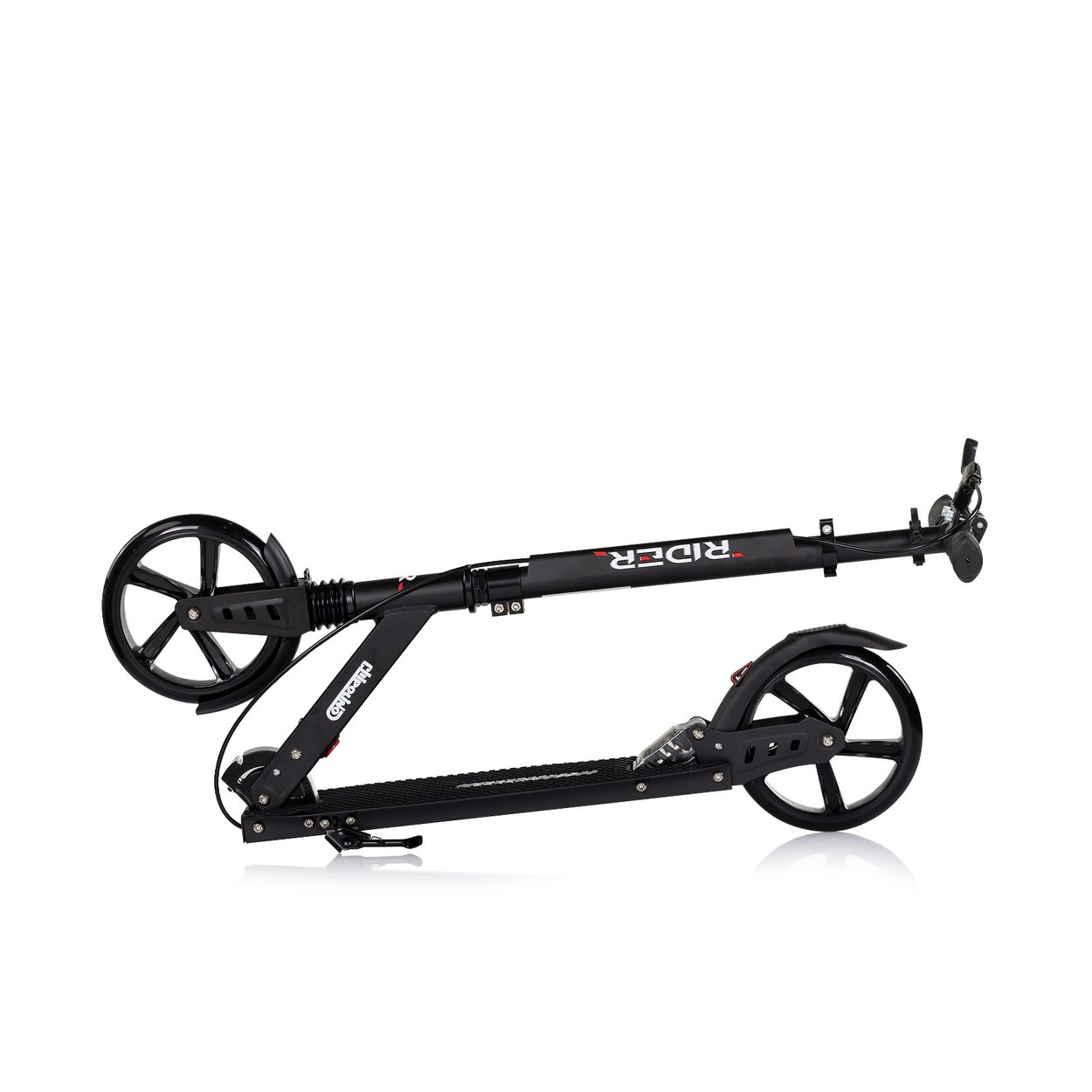 Schwarzer Klapproller mit zwei Rädern, Lenker und Trittbrett.