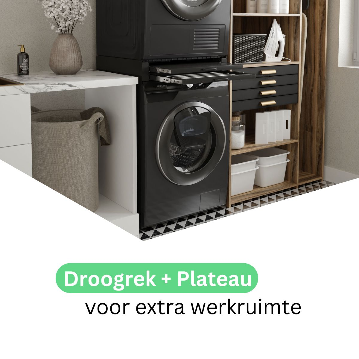 Moderne Waschküche mit schwarzen Geräten, Körben und Aufbewahrung.