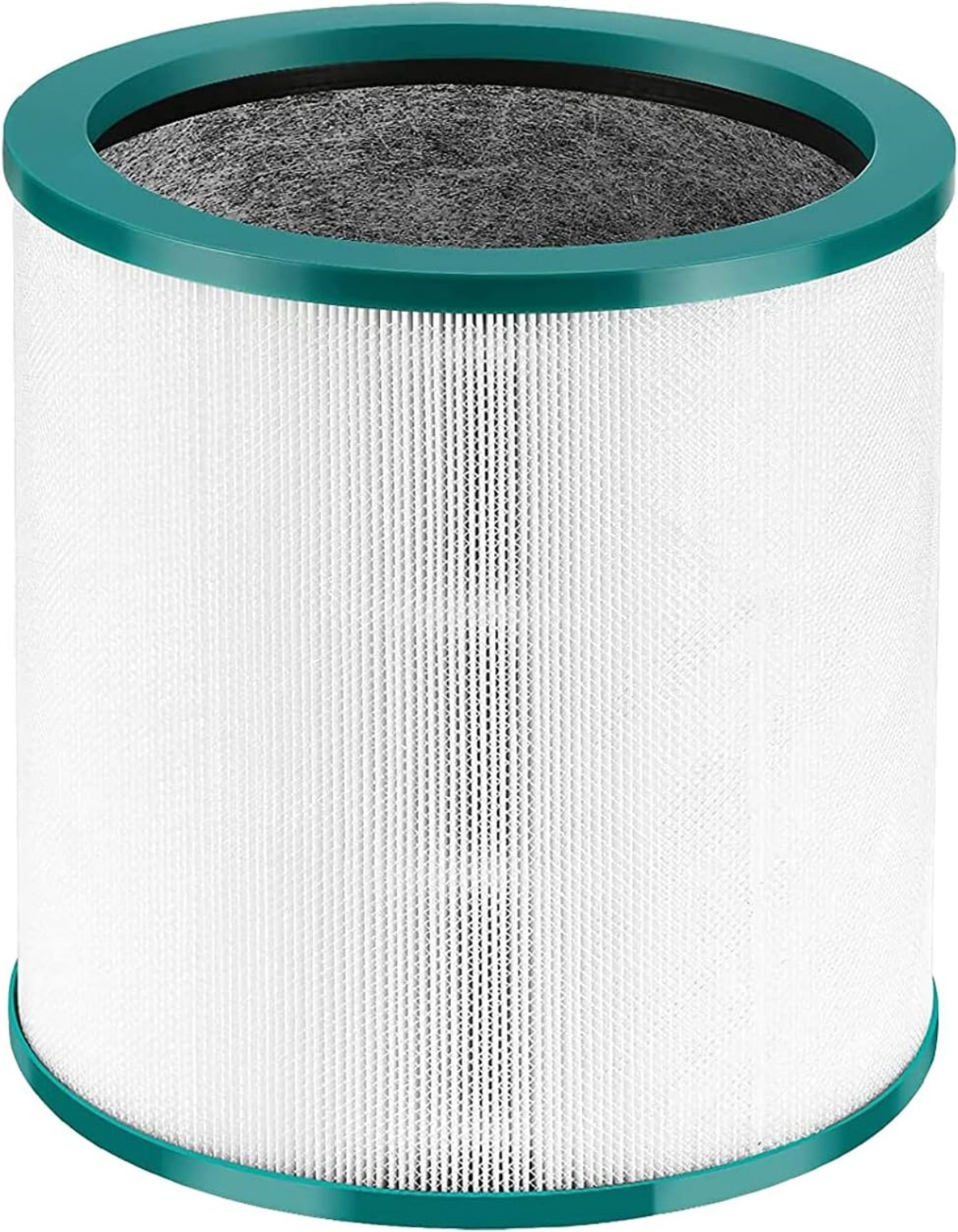 Ein runder HEPA-Filter mit weißem Papier und einem tealfarbenen Rand.