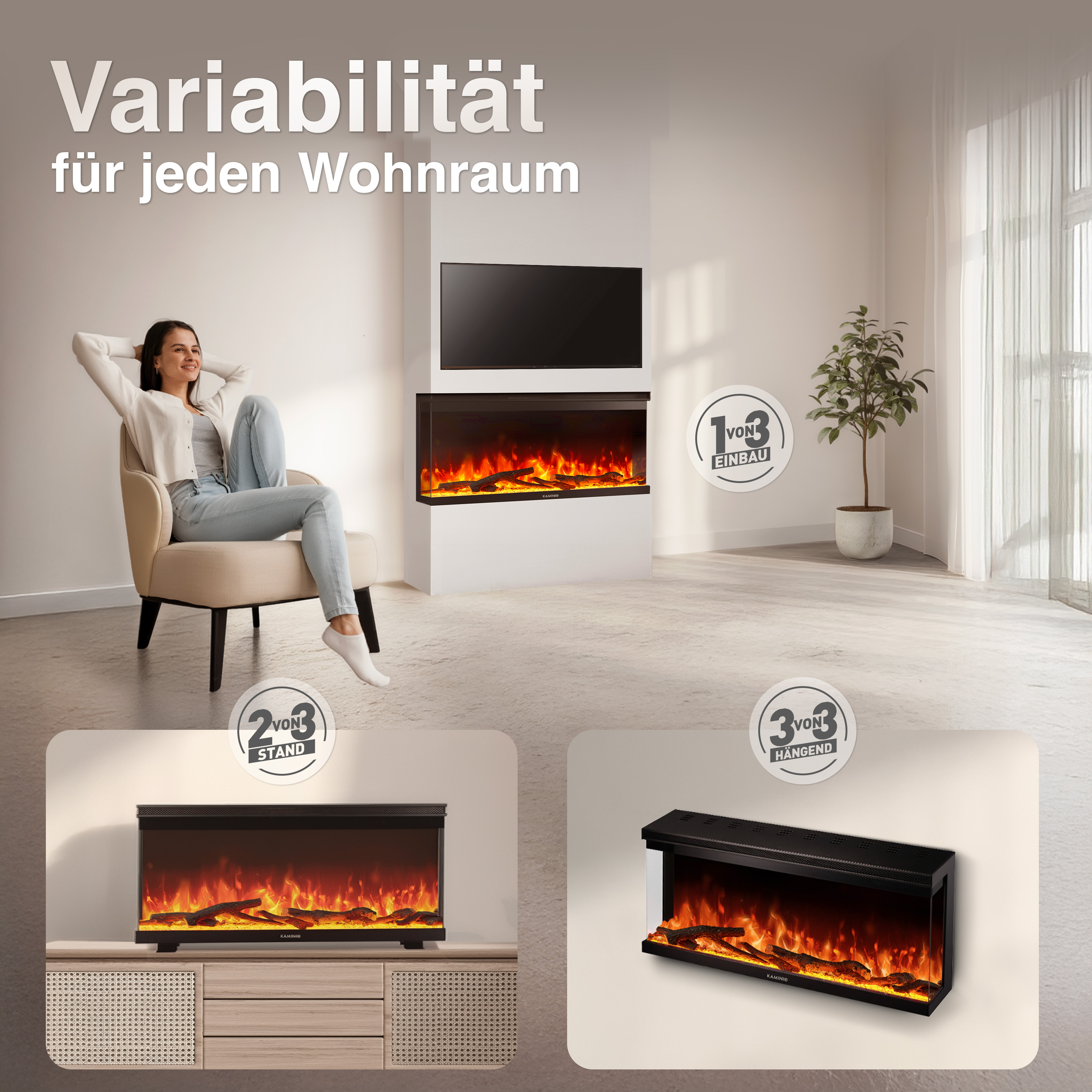 Ein Wohnzimmer mit einem Kamin und einer Frau, die auf einem Stuhl sitzt.