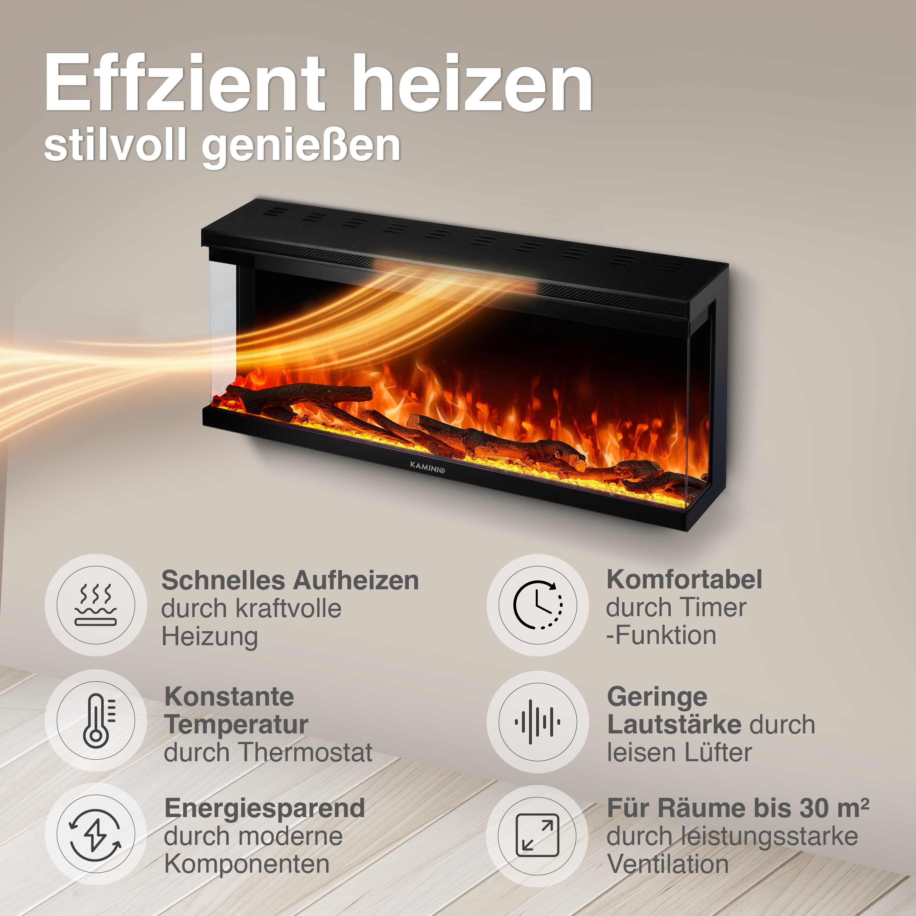 Ein moderner schwarzer Elektrokamin mit Flammen- und Holzeffekt.