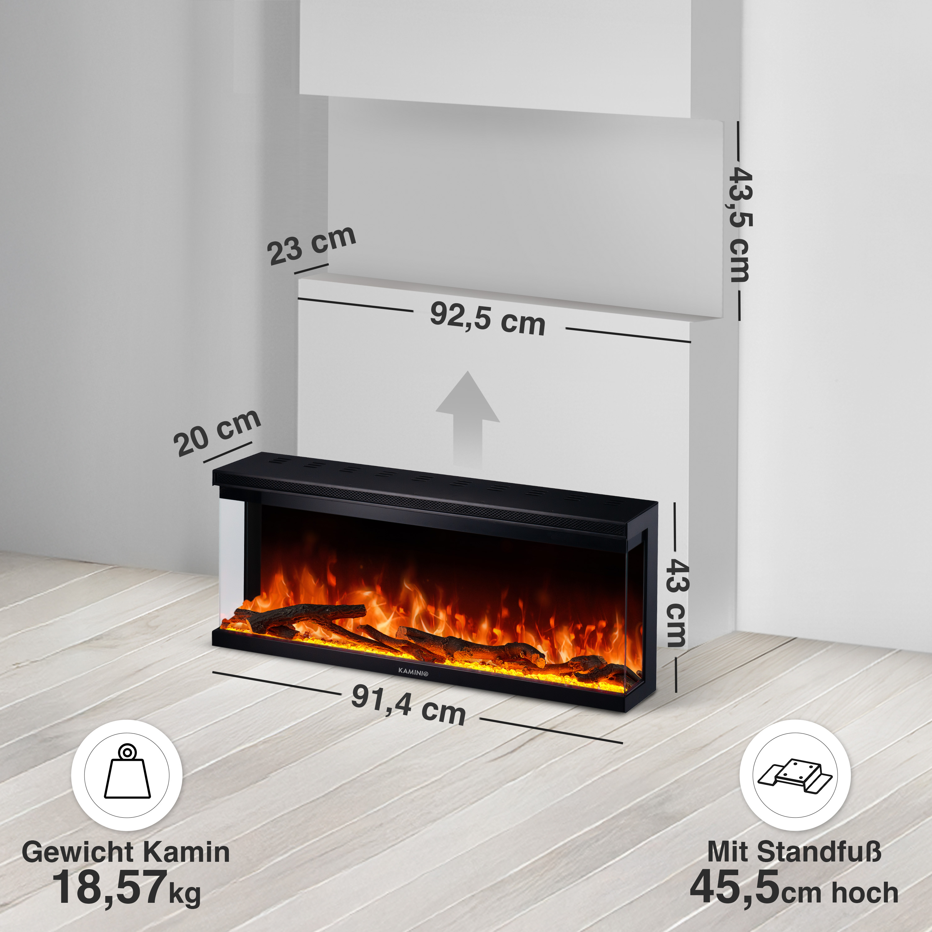 Ein Elektrokamin mit Flammen und Holzscheiten, Maße sind angegeben.