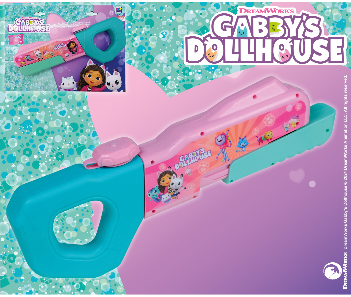 Ein pinker und türkiser Spielzeug-Säge mit Gabby's Dollhouse-Motiven.