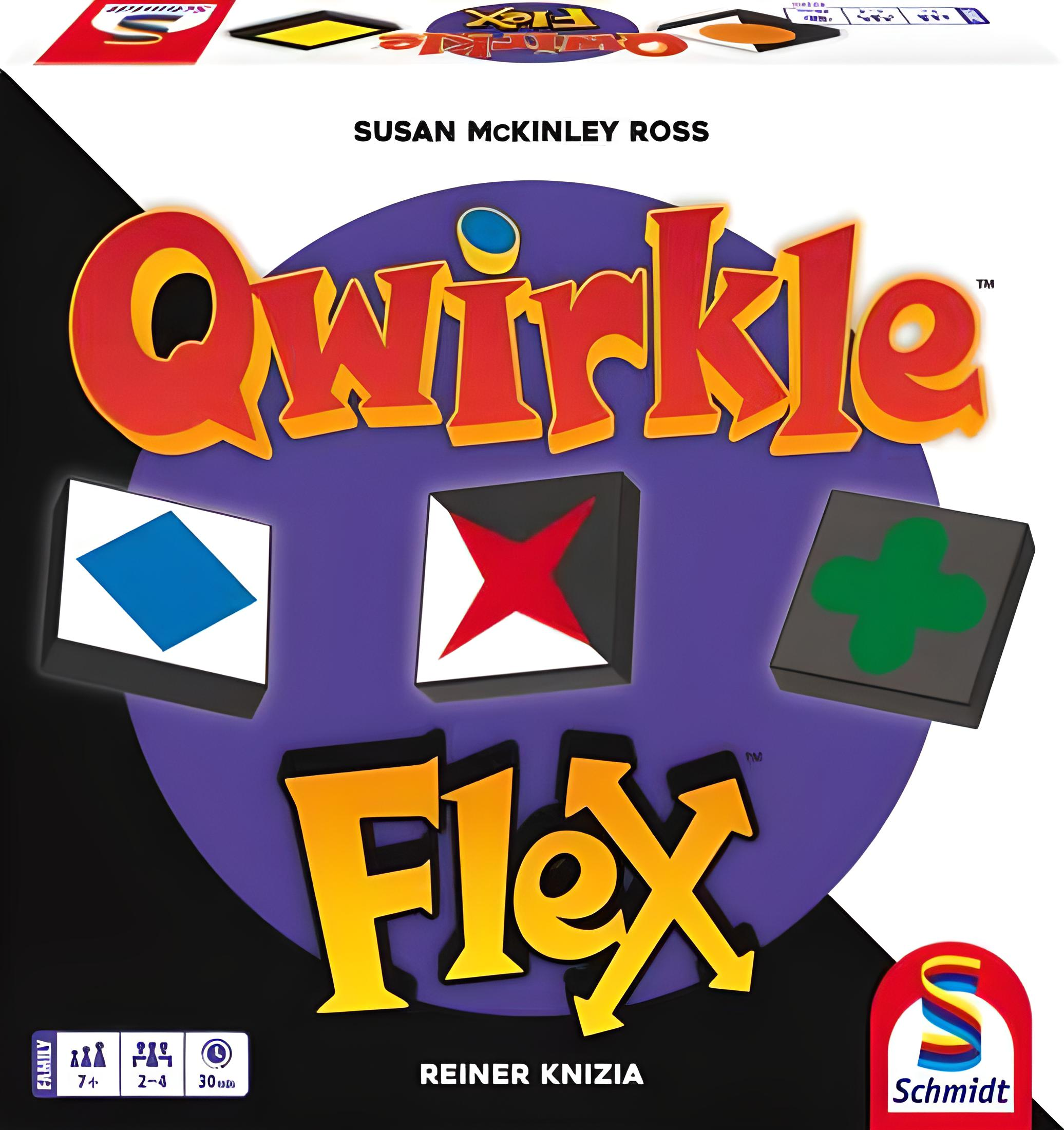 Das Cover des Spiels Qwirkle Flex. Es zeigt den Titel und drei Spielsteine.