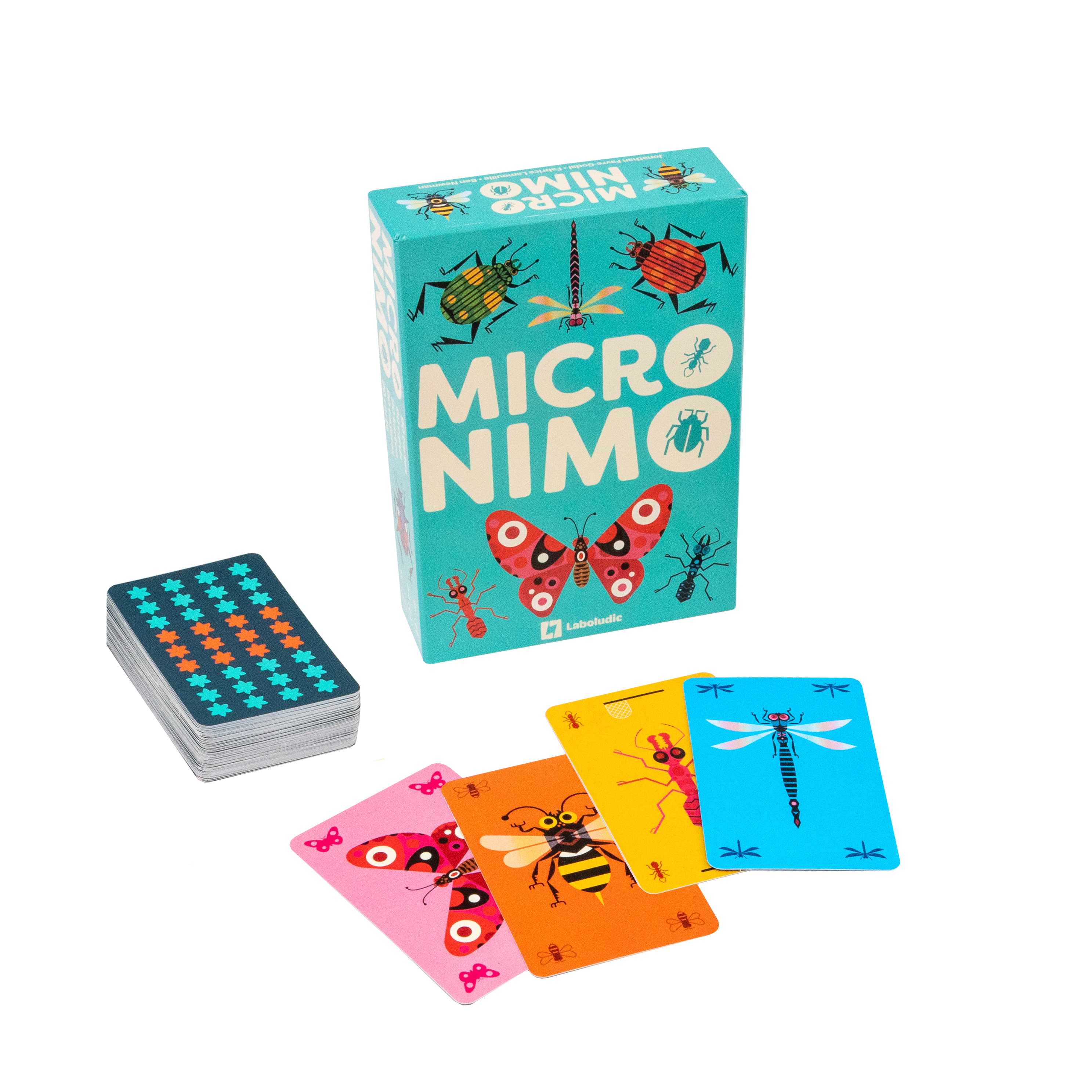 Spielkarten mit Insekten-Motiven und eine Schachtel mit dem Titel MICRO NIMO.