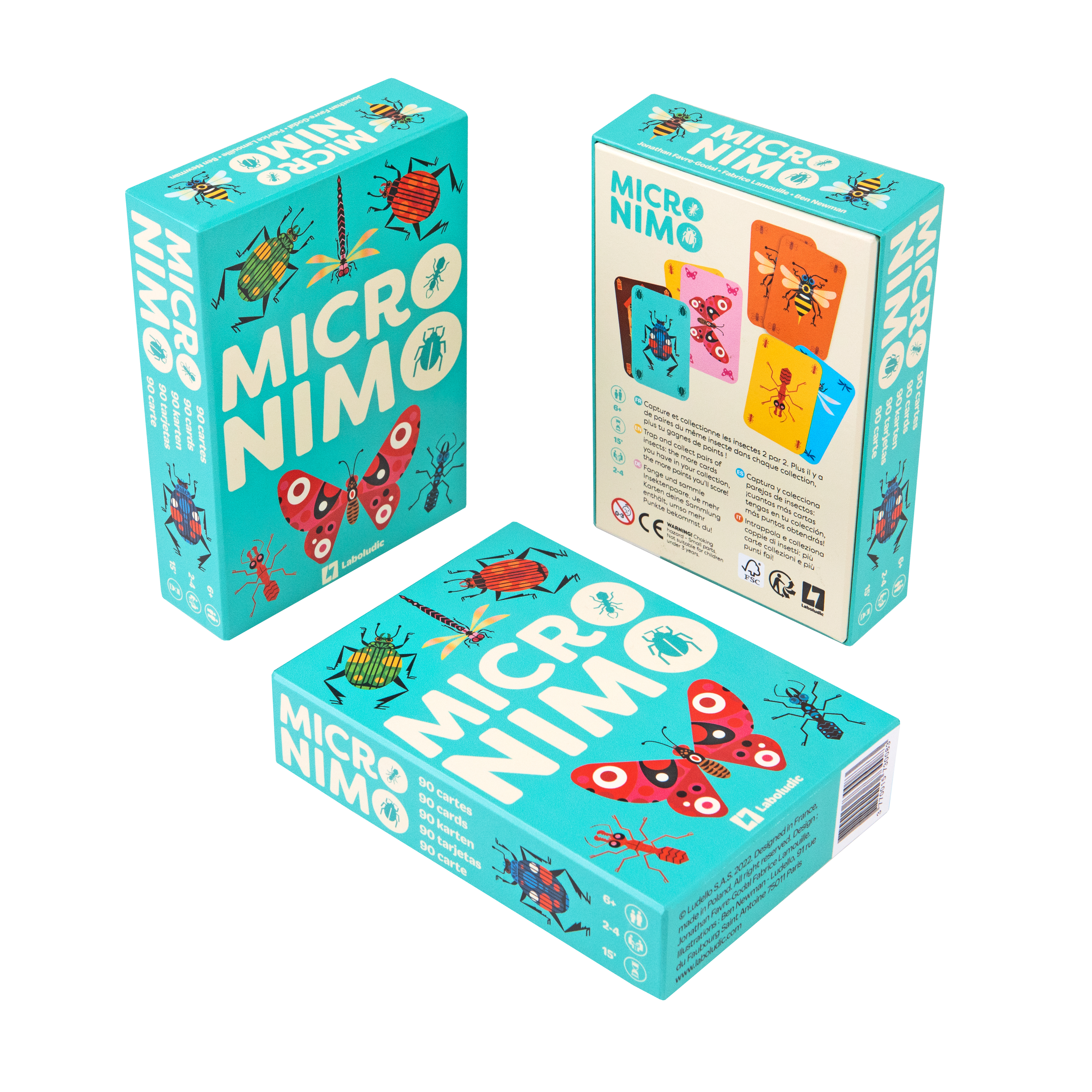 Drei türkise Kartenspielboxen mit bunten Insekten-Illustrationen und dem Titel 'MICRO NIMO'.