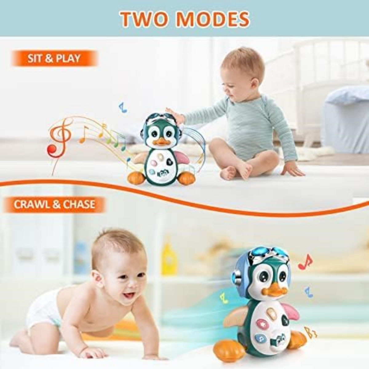 Ein Baby spielt mit einem tanzenden Pinguin-Spielzeug in zwei Modi: Sit & Play und Crawl & Chase.