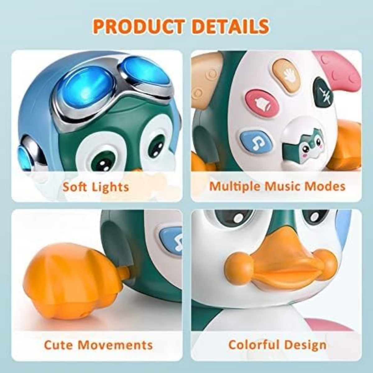Bunte Spielzeug-Pinguin-Details: weiche Lichter, Musik, Bewegung, Design.