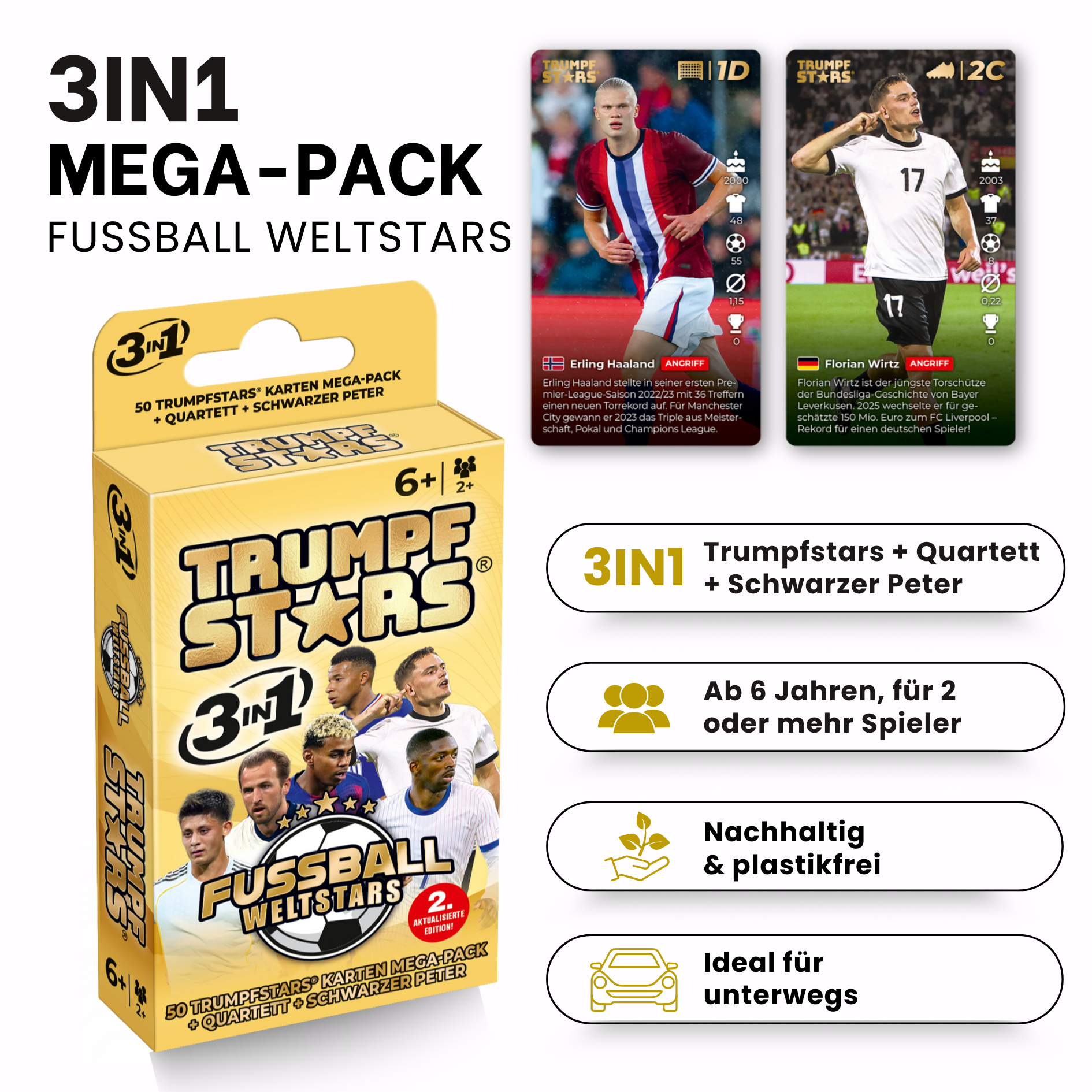 3IN1 Mega-Pack Fußball Weltstars mit Karten von Haaland & Wirtz. Enthält 50 Karten, Quartett & Schwarzer Peter.