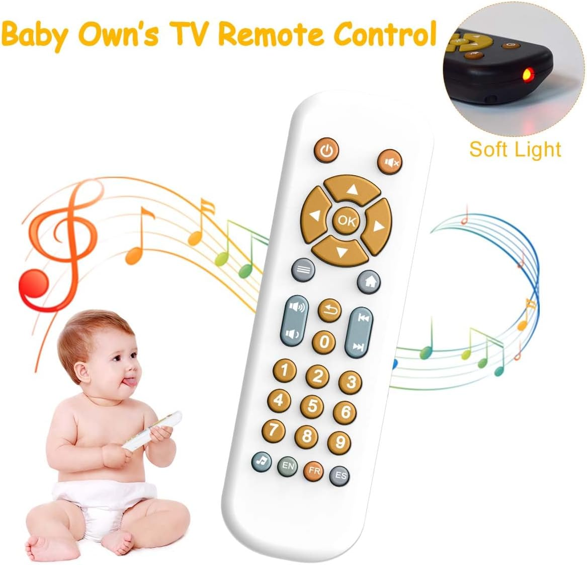Ein Baby sitzt mit einer Fernbedienung, umgeben von Musiknoten.