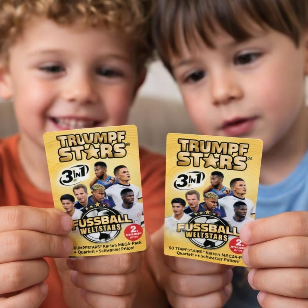 Zwei Jungen halten Sammelkarten mit Fußballspielern. Die Karten zeigen "Trumpf Stars".