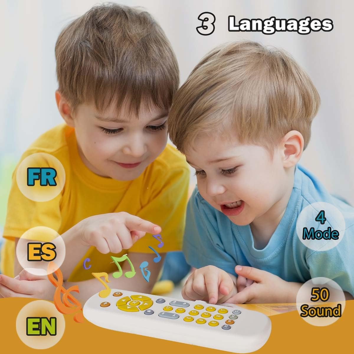 Zwei Kinder spielen mit einer Fernbedienung, 3 Sprachen, 4 Modi, 50 Sounds.